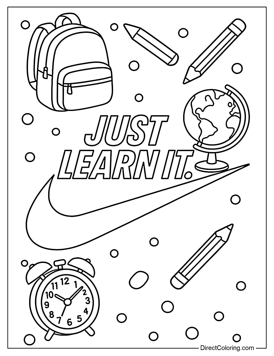A Nike logo coloring page with school symbols: backpack, pencil, globe, clock, and the slogan 