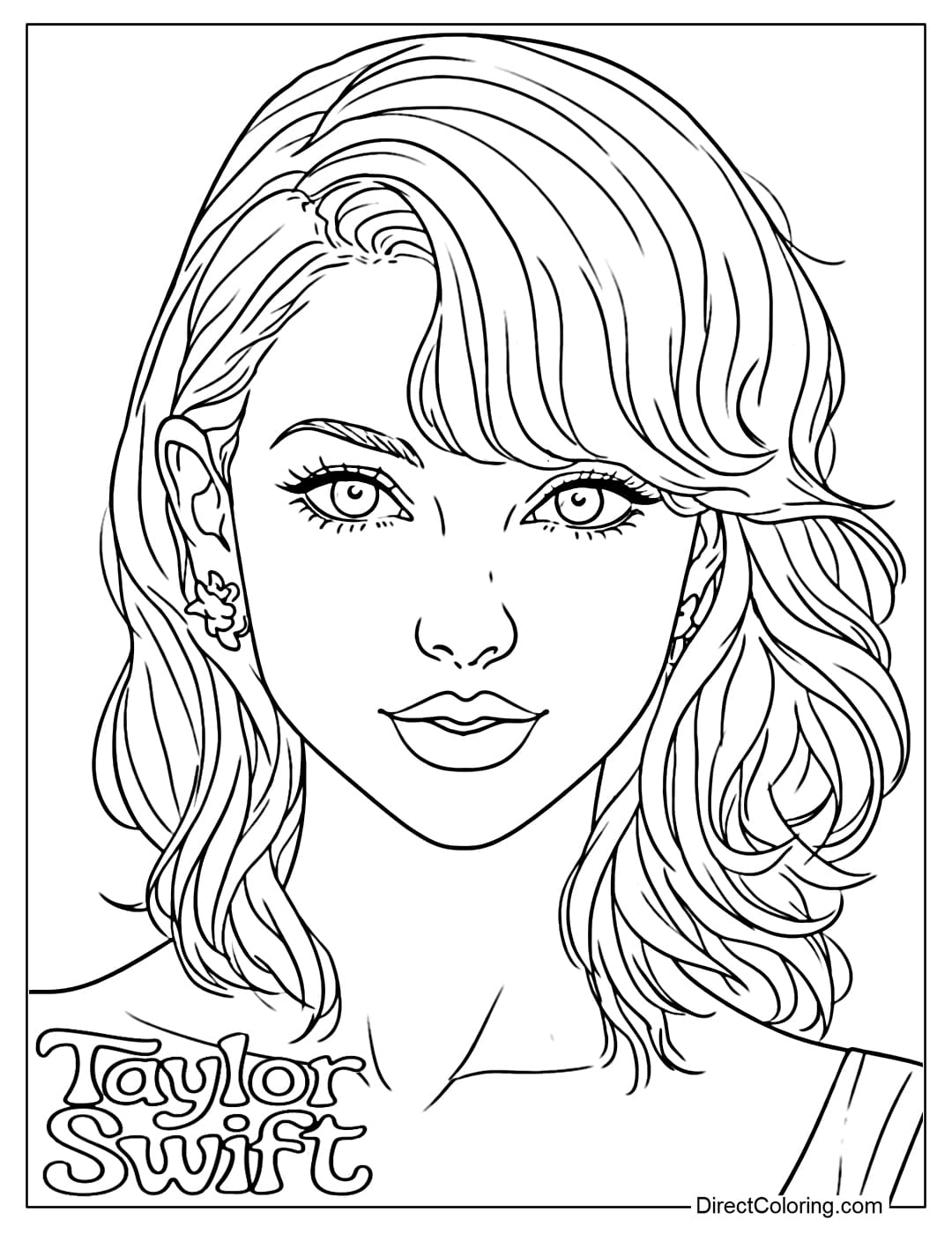 A coloring page of Taylor Swift's portrait with short, wavy hair.