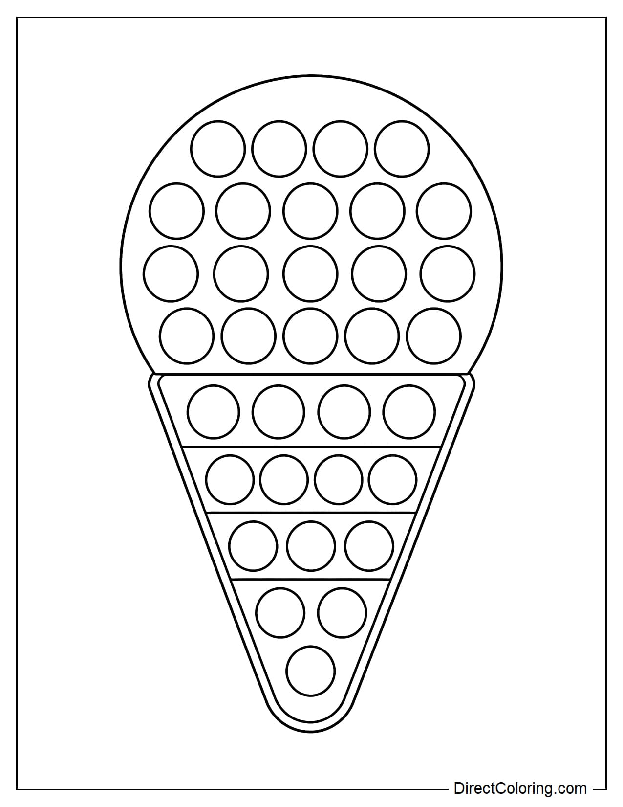 An ice cream cone-shaped pop it with a round scoop of ice cream on top, and round bubbles evenly distributed throughout the ice cream scoop and the cone.