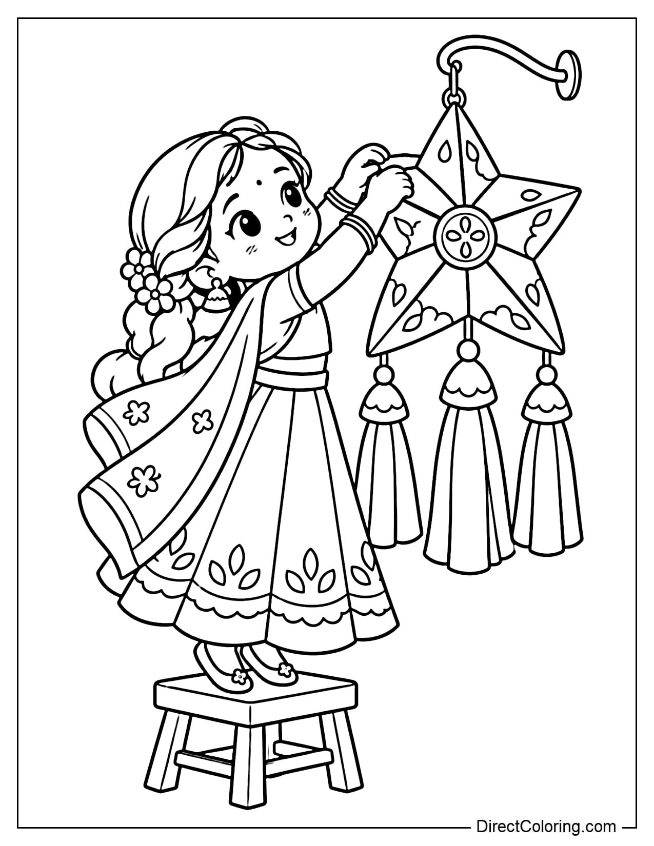 An Indian girl wearing a lehenga stands on tiptoe on a wooden stool, lifting a giant star-shaped lantern toward a hook. Her dupatta flows gently behind her, and three large tassels hang from the lantern.