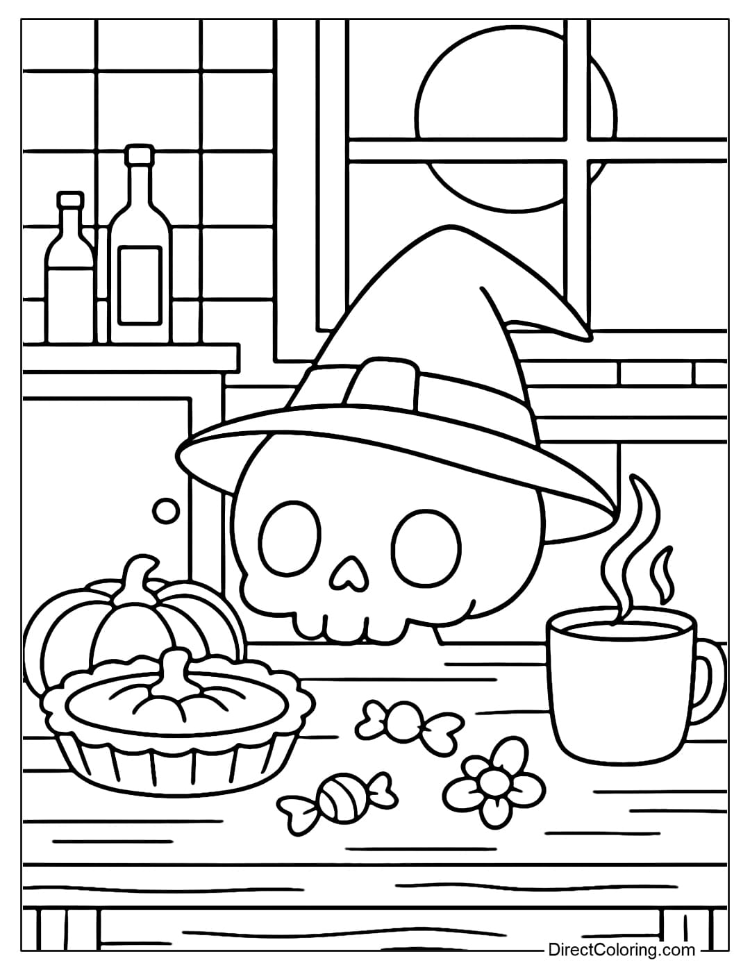 A cute skull coloring page wearing a small witch's hat, placed on a wooden table in the kitchen, next to pumpkin pie, candy, a steaming cup of hot cocoa