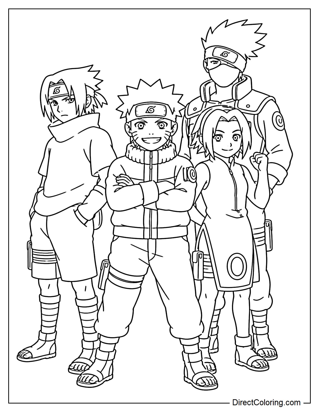 Naruto, Sasuke, Sakura, and Kakashi stand together, Naruto in the middle with a confident pose, the characters striking simple poses.