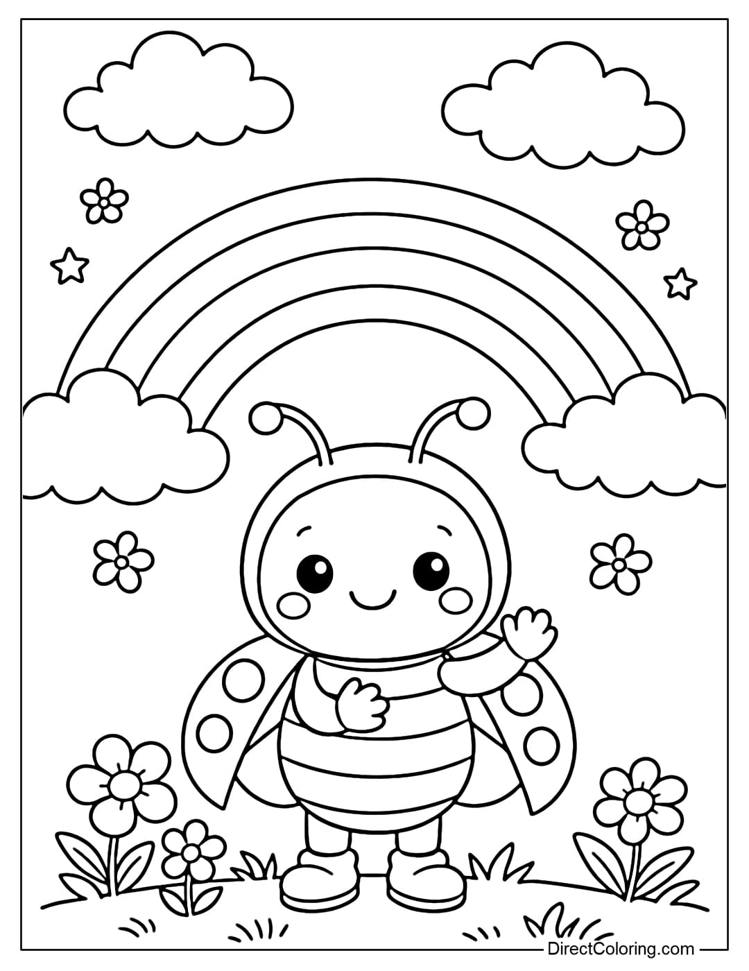 A coloring page of a cute ladybug standing under a rainbow, with clouds and flowers above.