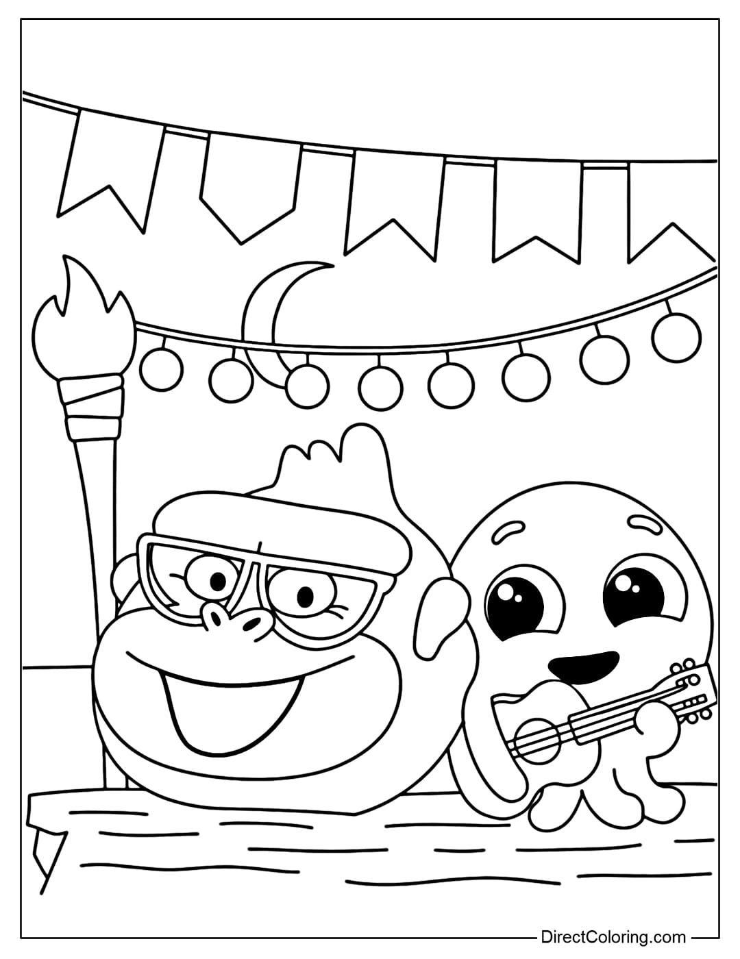 A coloring page about a gorilla wearing glasses and an octopus Pow playing the guitar.