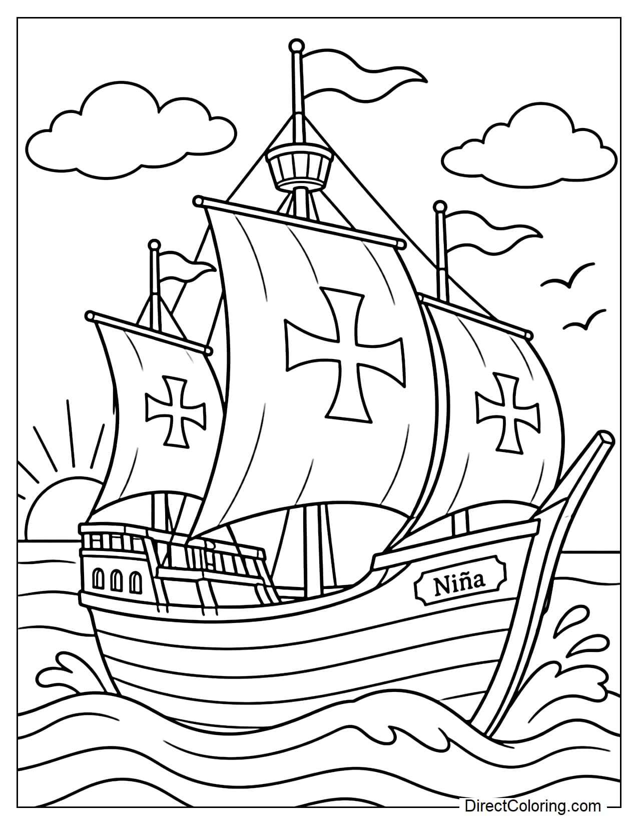 The Niña glides gently across a calm ocean, shown from a side angle with its large sails spread wide and the sun rising above the horizon behind it.