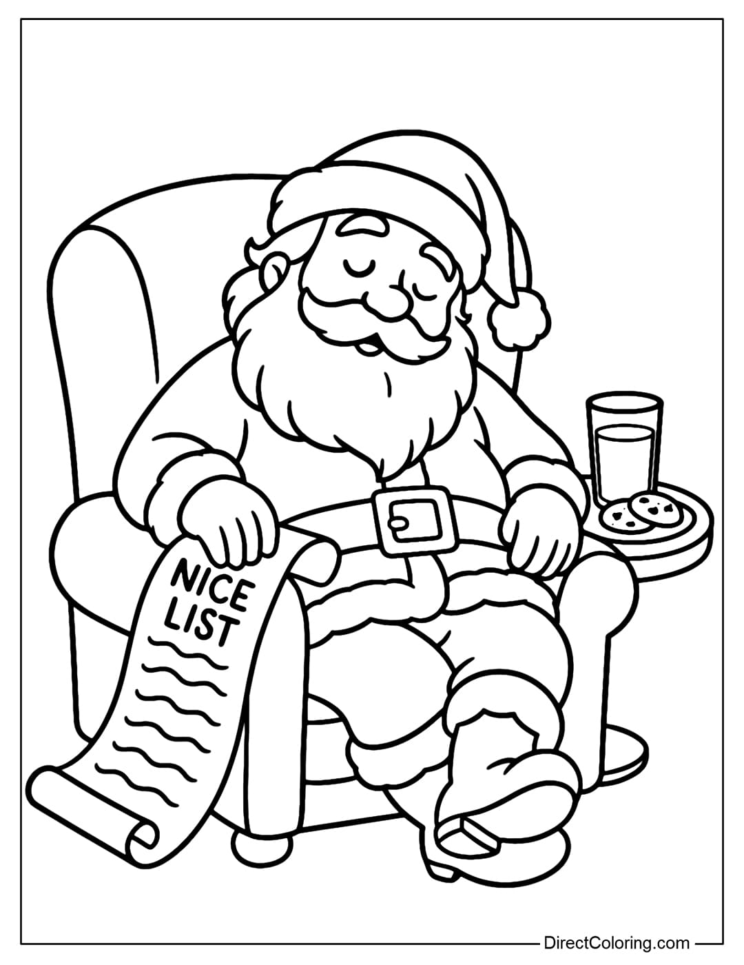 Sleeping Santa Coloring Page Coloring Page After the night of giving gifts, Santa is sleeping on the sofa, still holding the list of good children, next to a glass of milk and cookies.