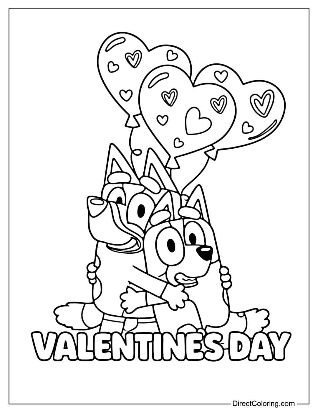 Bluey and Bingo are hugging each other tightly, with heart-shaped balloons above and the words Valentine's Day below.