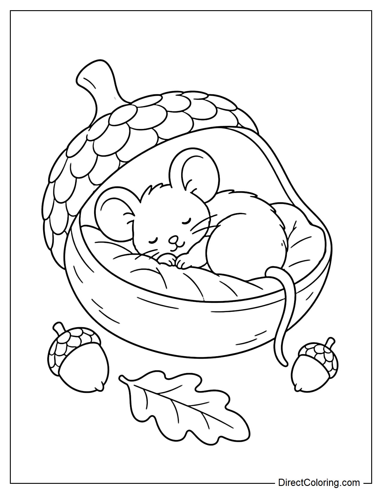 A giant acorn turned into a tiny bed, with a small mouse curled up asleep on a large leaf inside and its tail gently curving over the edge. Two small acorns and one leaf are placed nearby.