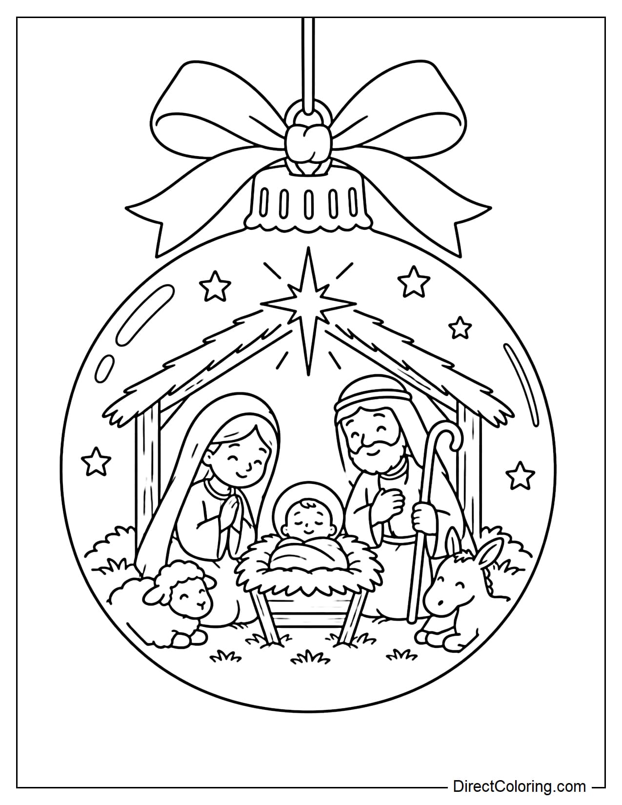 A large Christmas ornament containing a miniature Nativity scene, with Baby Jesus lying in the manger beside Mary and Joseph and a bow decorating the top of the ornament.