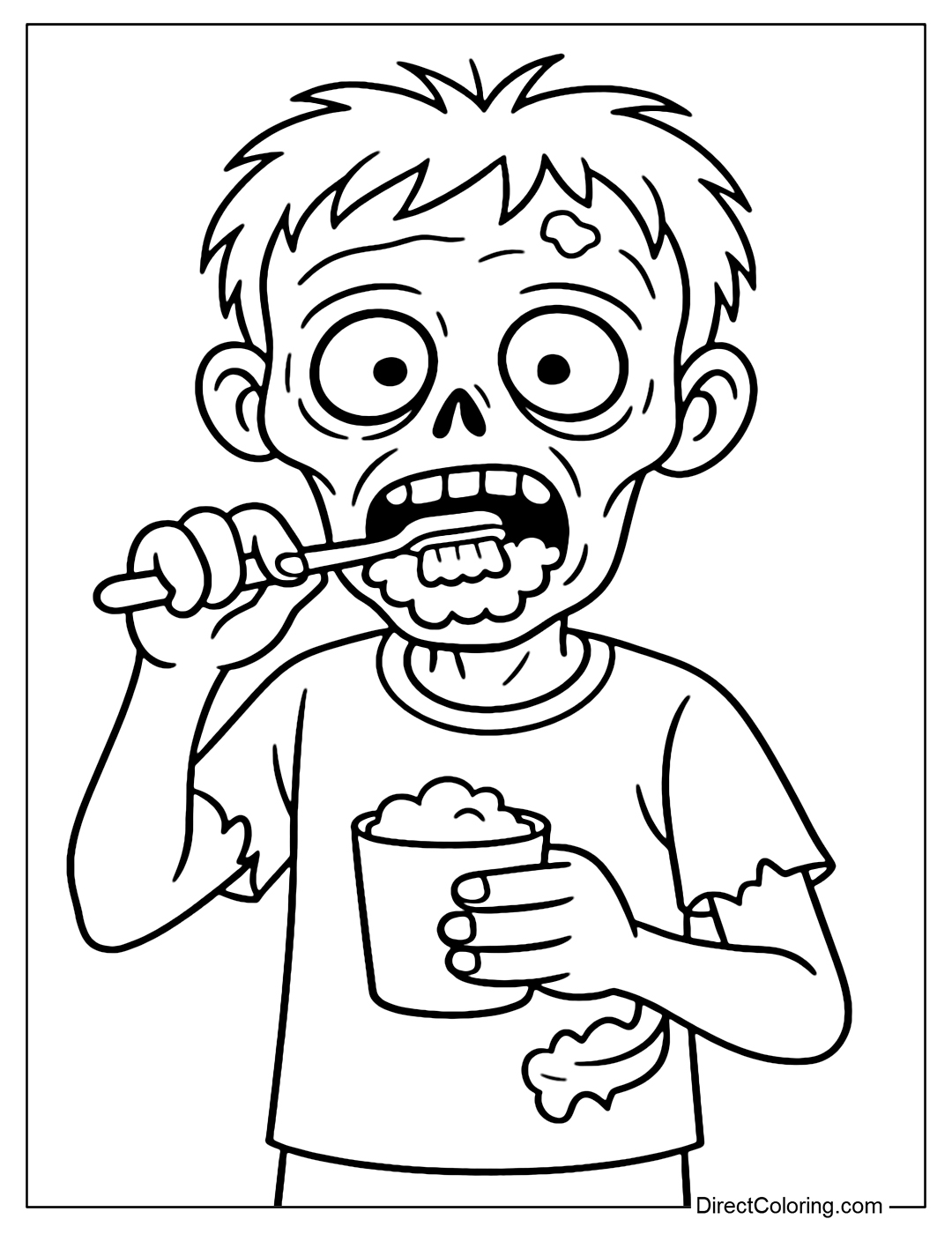 Coloring page of a zombie brushing his teeth in the morning, with a dazed face, holding a toothbrush in the opposite direction.