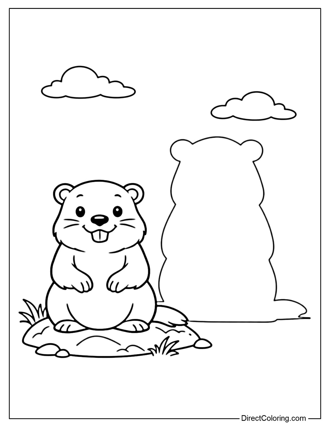 A coloring page of a groundhog with a large shadow next to it, a clear composition to help children understand the concept of shadows.