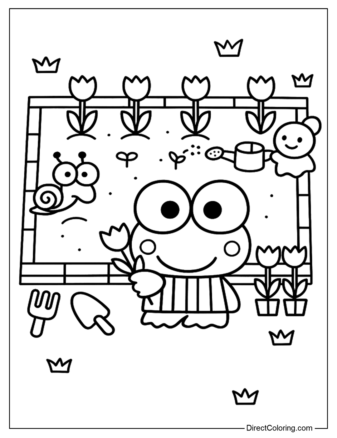 Keroppi and Friends Planting Tulips Coloring Page Free