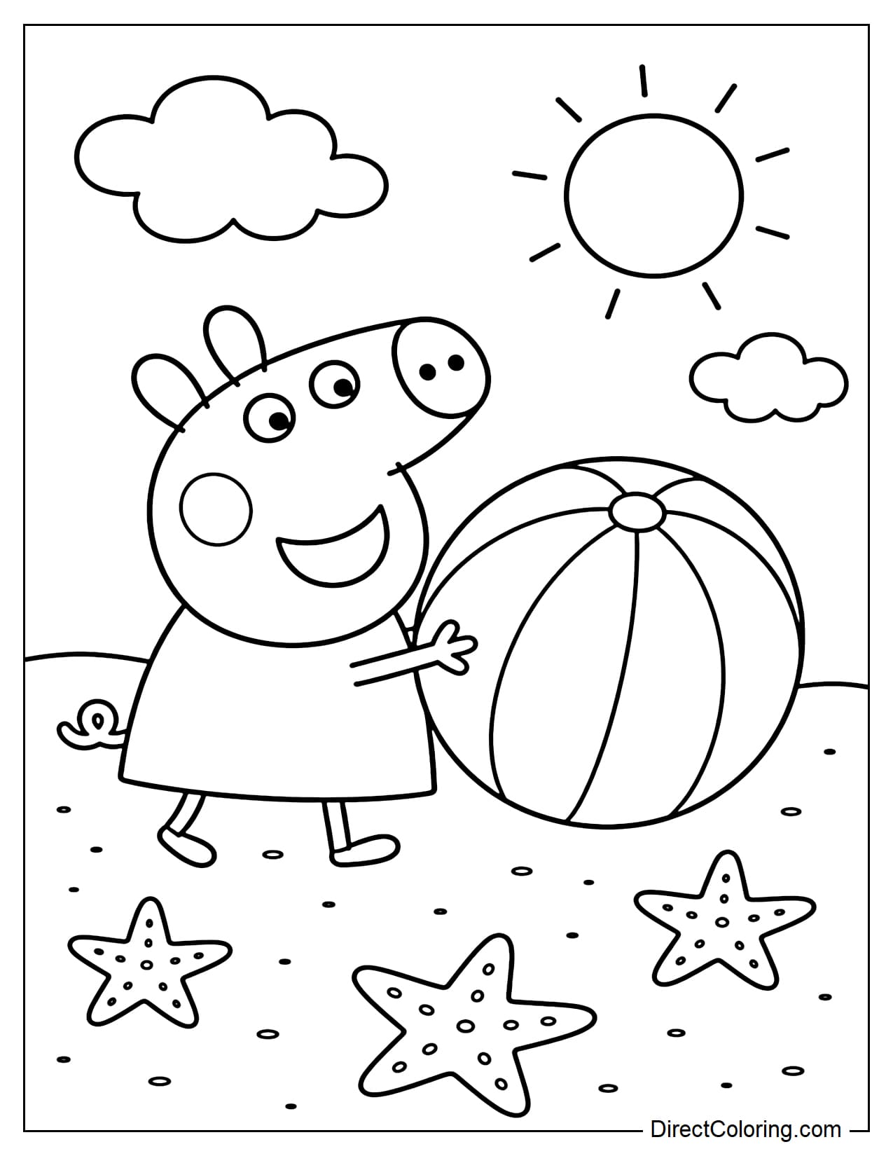 Peppa Pig plays with a striped beach ball on the summer sand, surrounded by starfish.