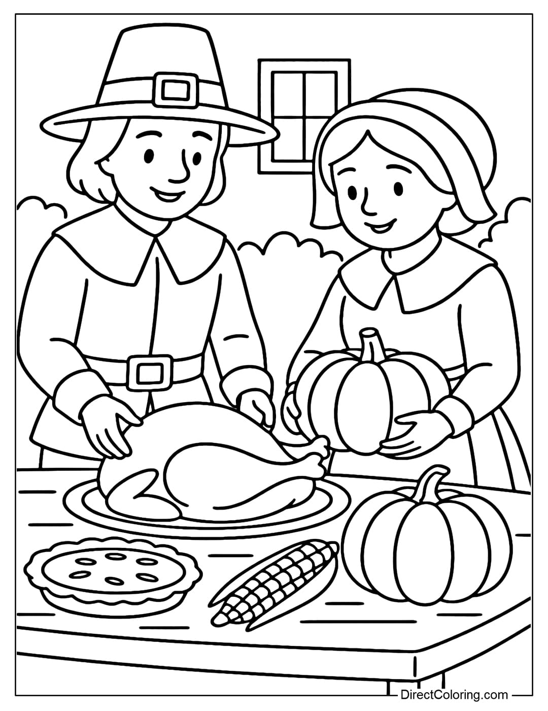 A coloring page of a couple Pilgrim setting the Thanksgiving table, on the table are turkey, cornbread and pumpkin.
