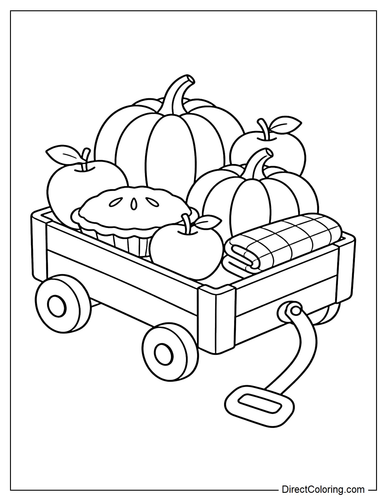 A small wooden wagon is filled with pumpkins, apples, a loaf of bread, and a neatly folded plaid blanket, with its curved handle stretching forward.