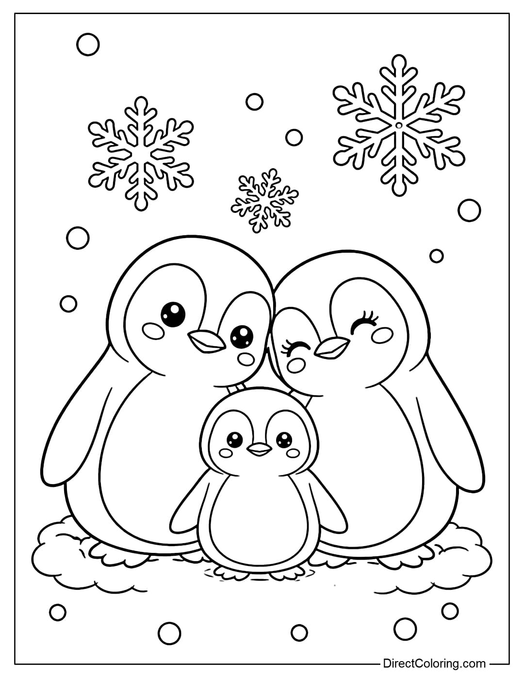 A coloring page of a penguin family with parents and baby penguins in the middle, standing close together.