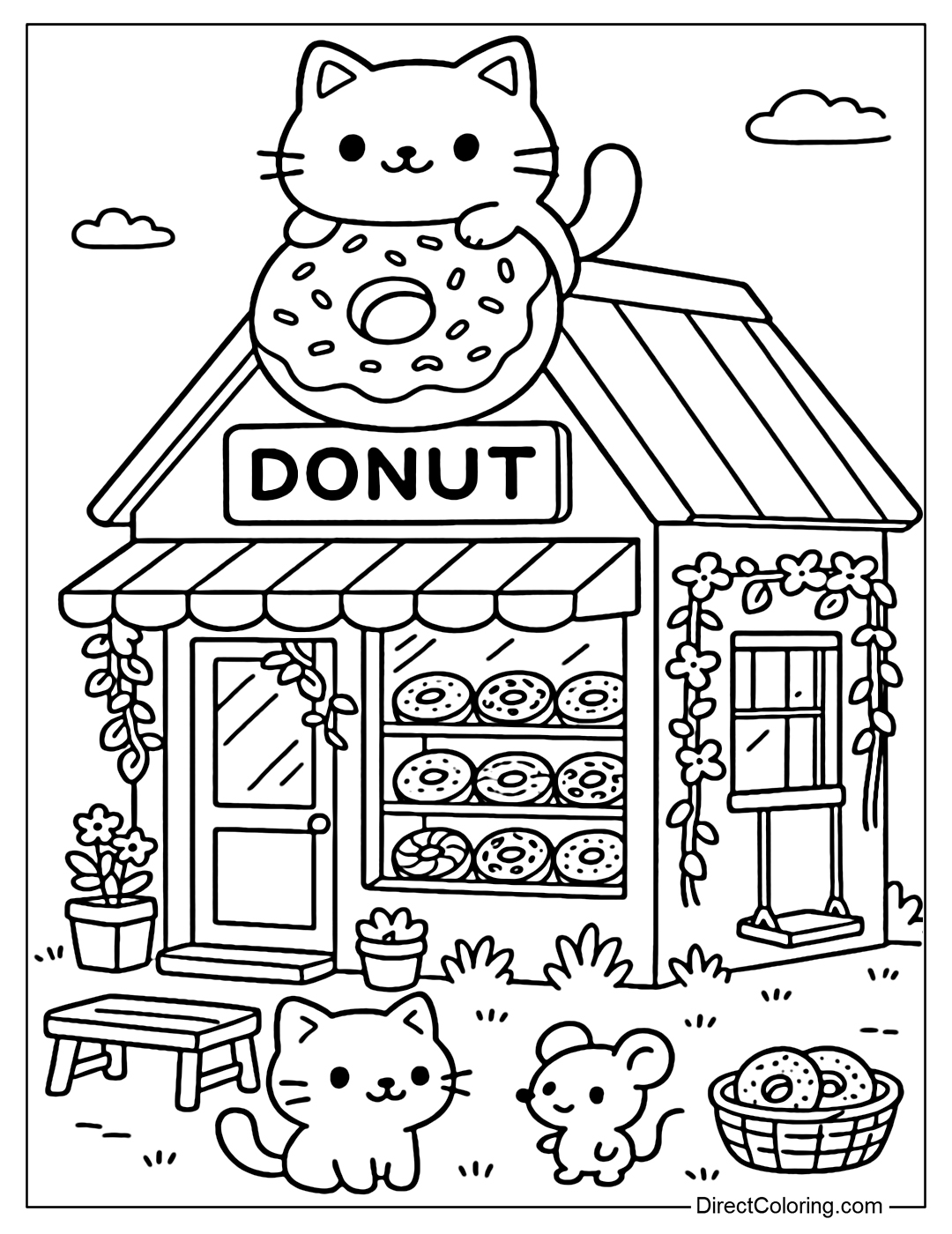 Coloring page of a donut shop side perspective, cat donut sign; the door has vines wrapped around the pillar; kittens and little mice waiting to buy; donuts, cronuts, and doughnuts are displayed in the glass door.