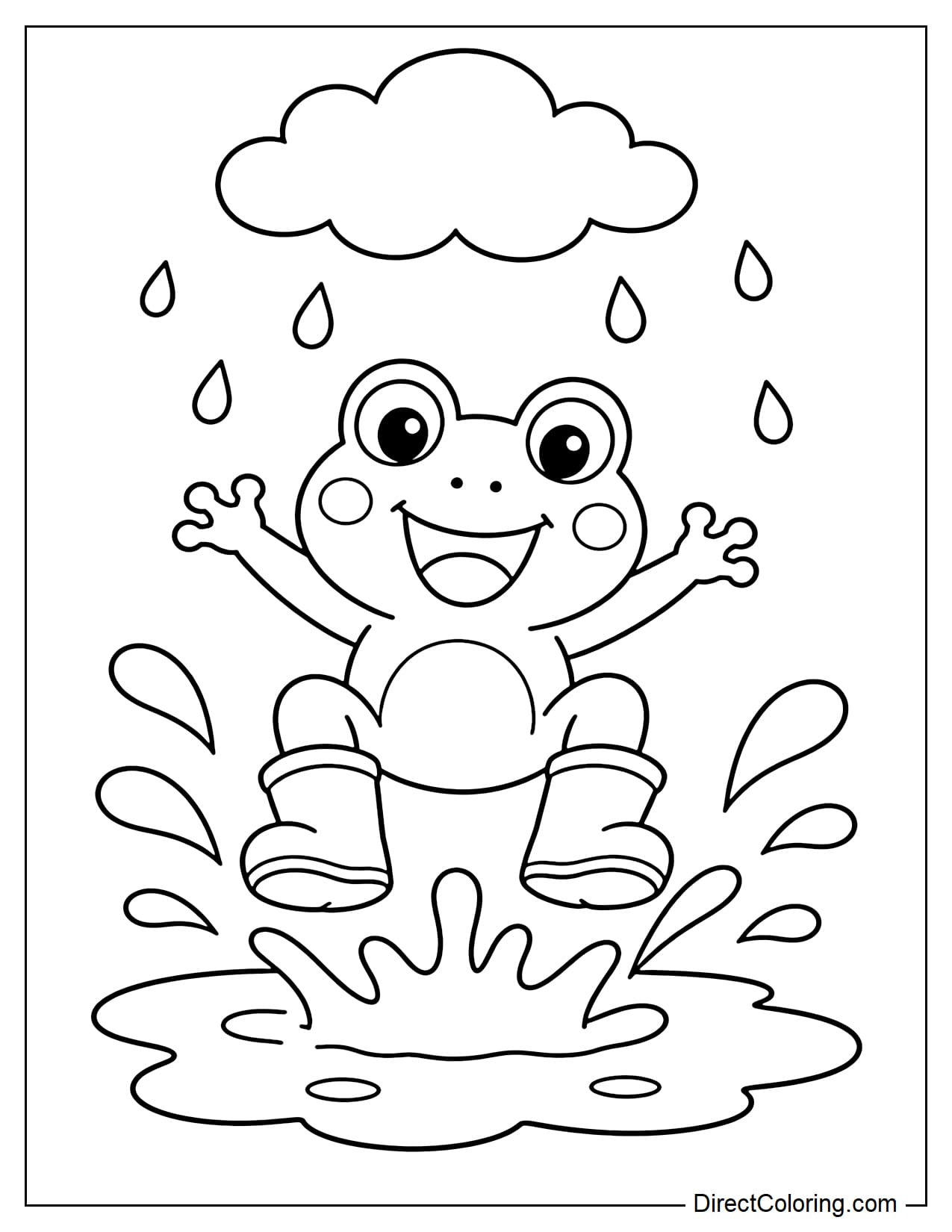 A playful frog is jumping into a puddle with large rain boots, splashing water, with a small cloud and a few raindrops above.