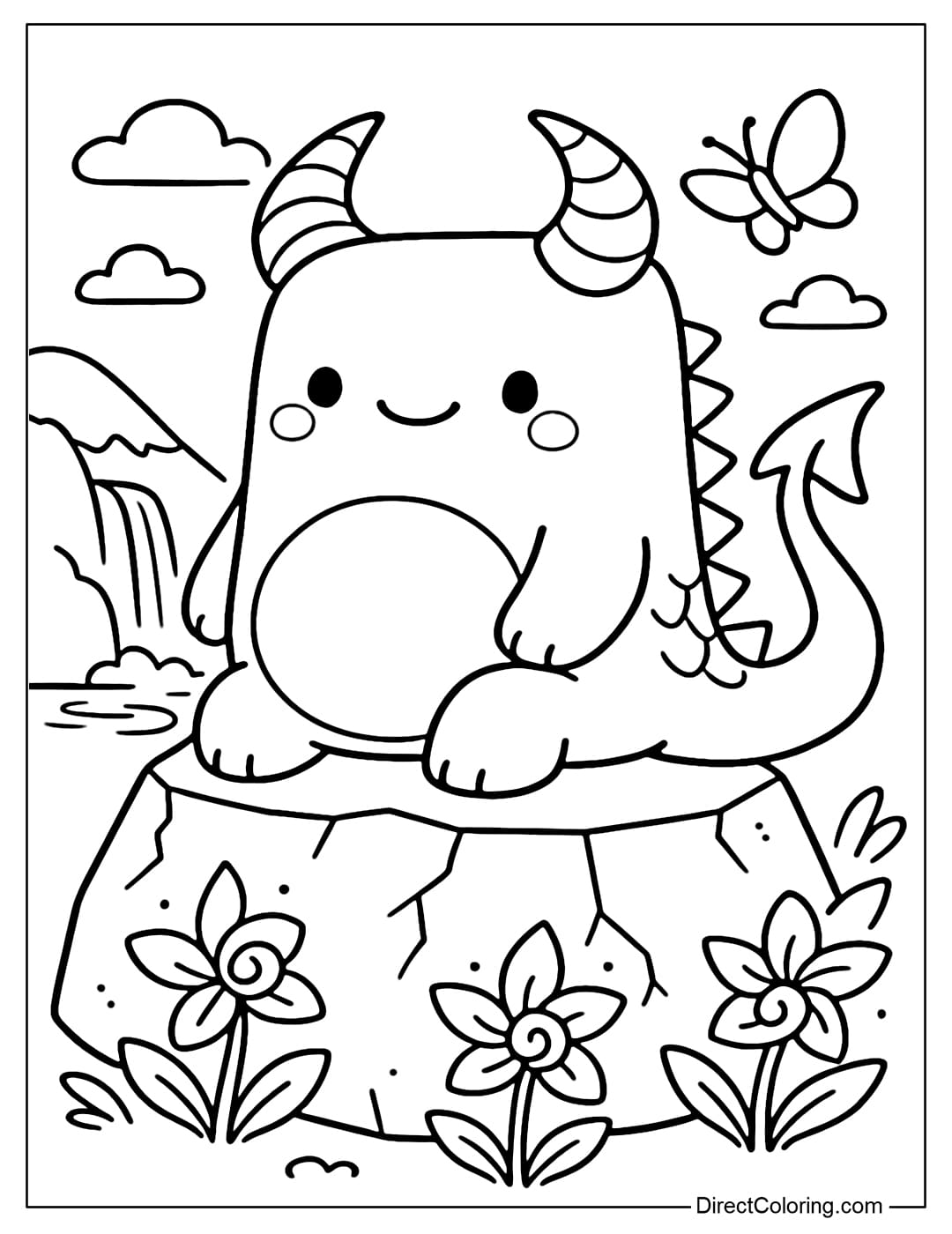 Coloring page of a cute monster with a dragon tail, twisted horns, sitting on a rock, surrounded by some magical flowers.