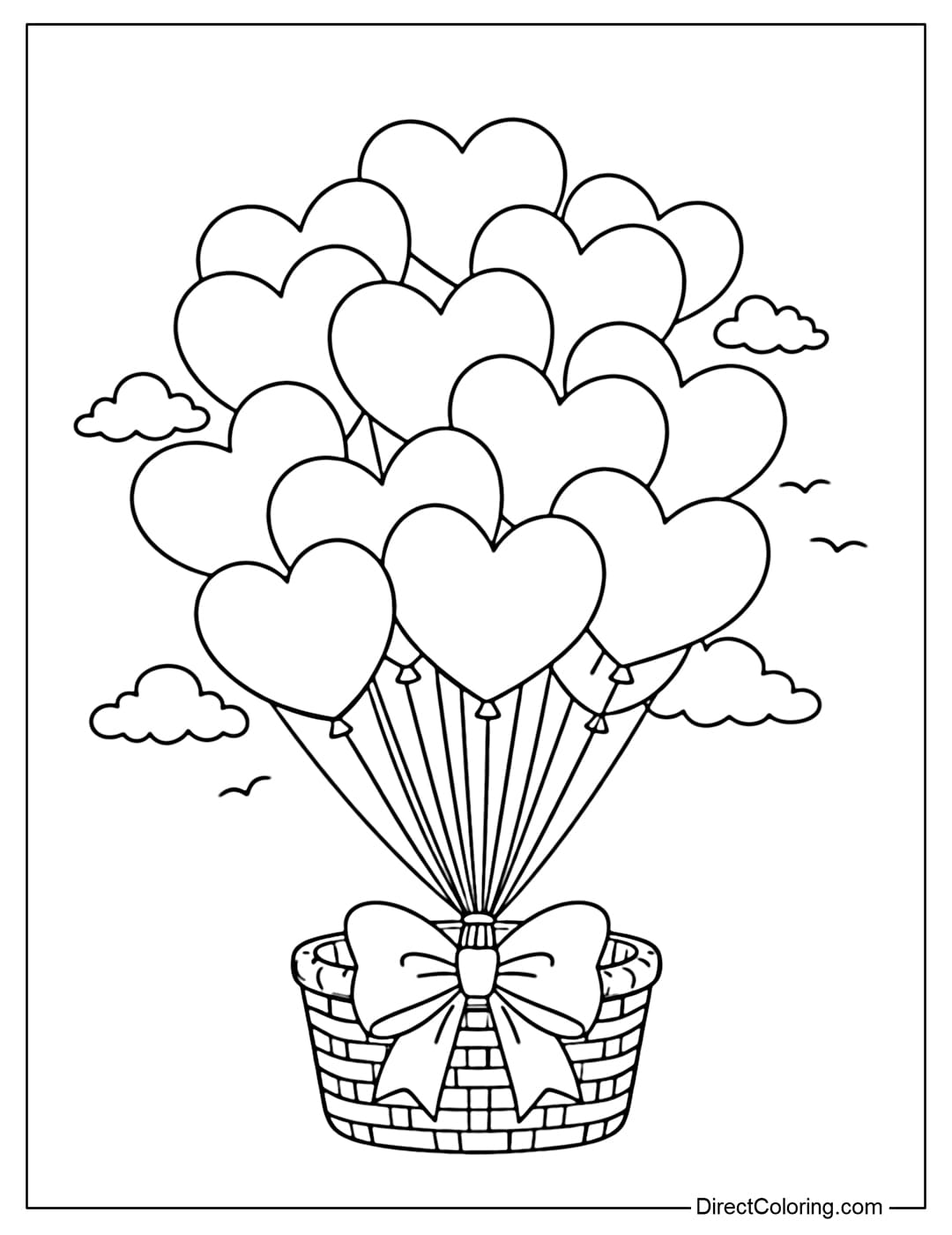 Coloring page for multiple heart-shaped balloons rising from a simple basket below.
