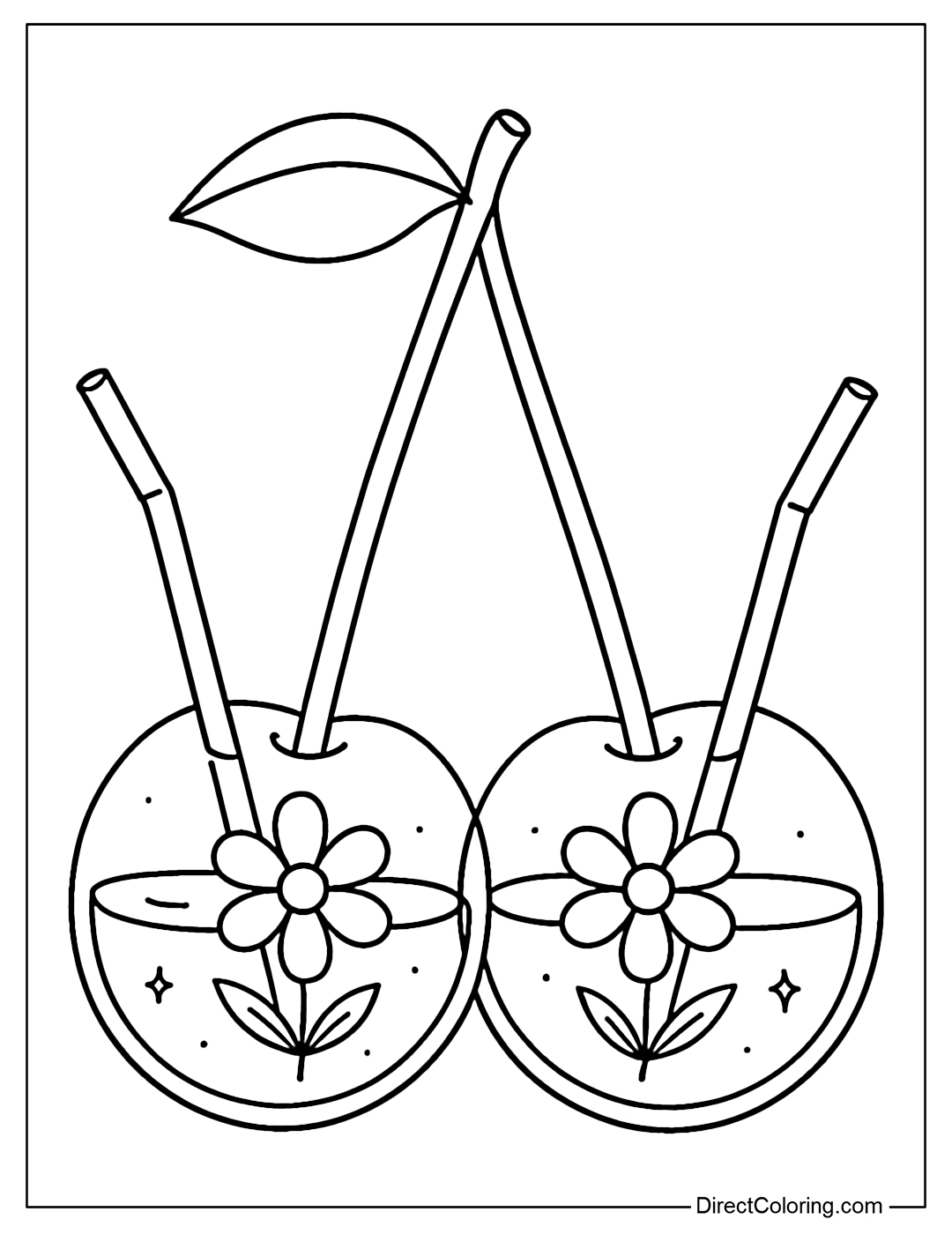 Coloring Page Two cherries connected, one transparent with water, inside is a double flower and a double straw with a ribbon.