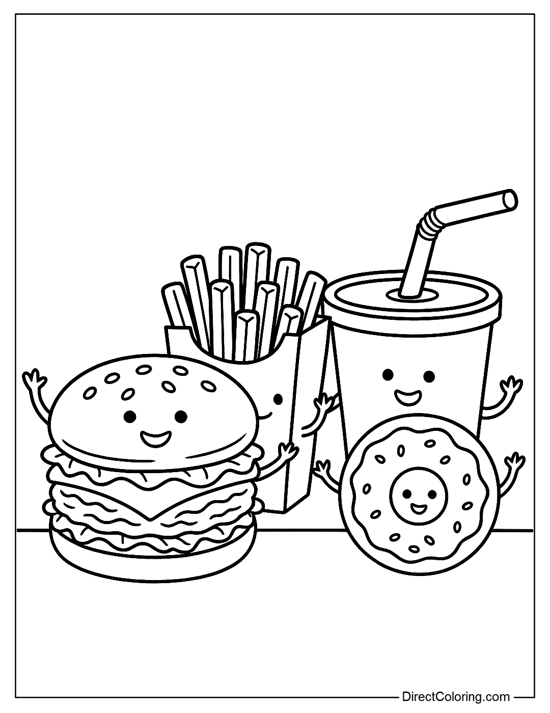a hamburger coloring page to have fun with your friends like french fries, soft drinks and donuts