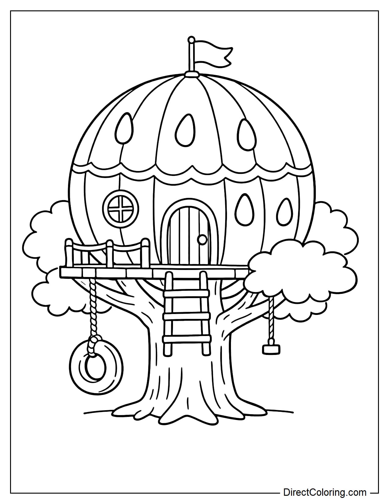 A treehouse shaped like a large watermelon perched on a tree, with the rind simply divided into segments.