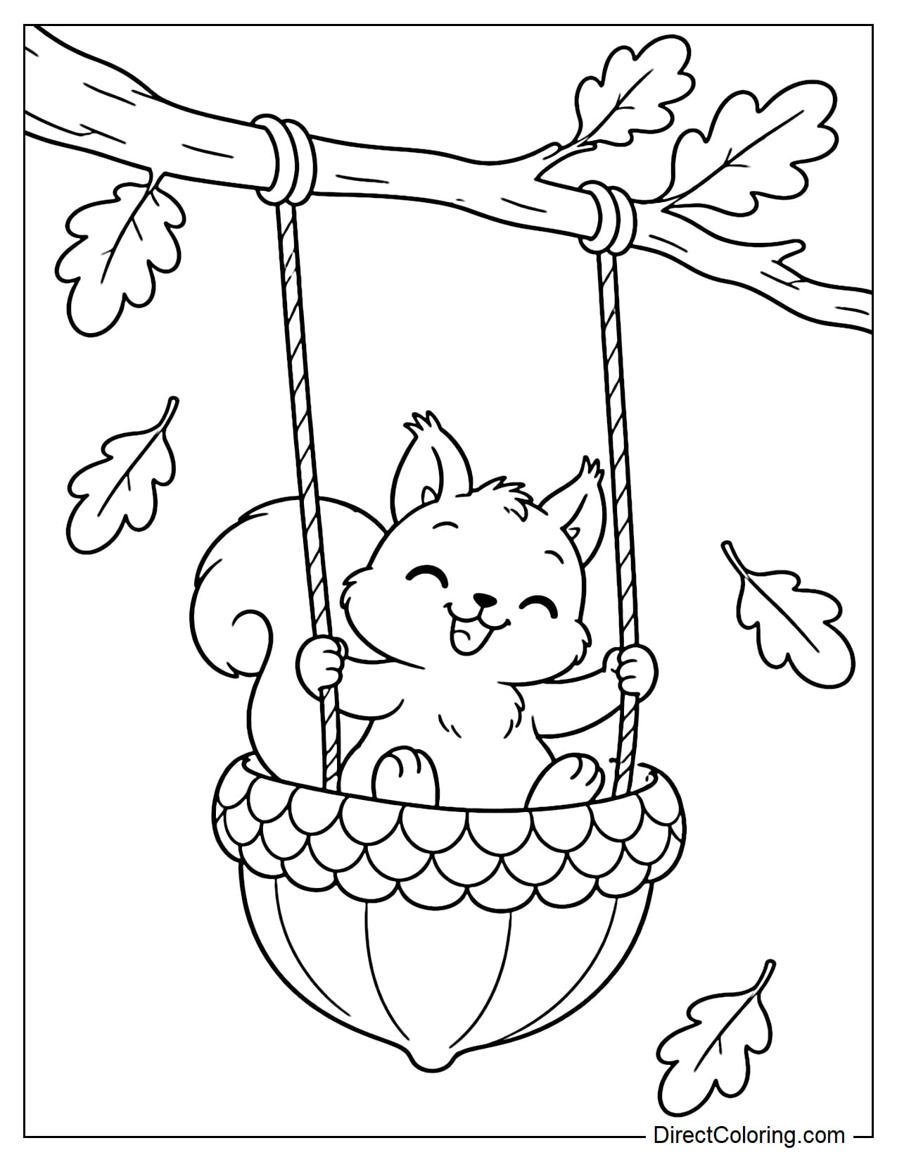 A swing with a seat made from a large acorn cap, hanging by two ropes from an oak branch above, with a small squirrel sitting happily on the swing.