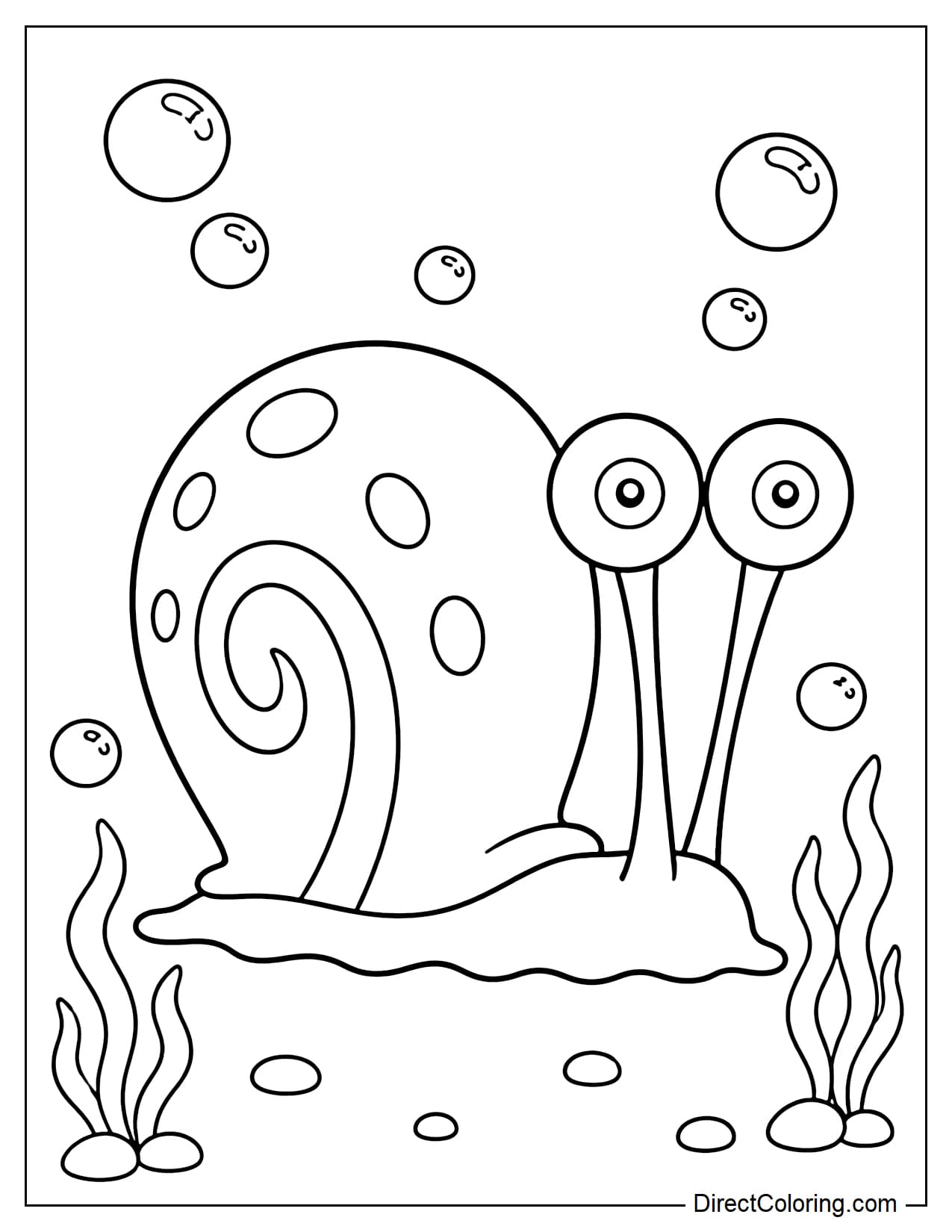 Gary is crawling slowly with his large, prominent spiral shell, surrounded by bubbles and seagrass.