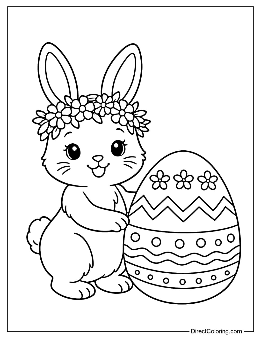 An Easter bunny coloring page smiling, wearing a spring flower crown, and standing next to a simply decorated egg.