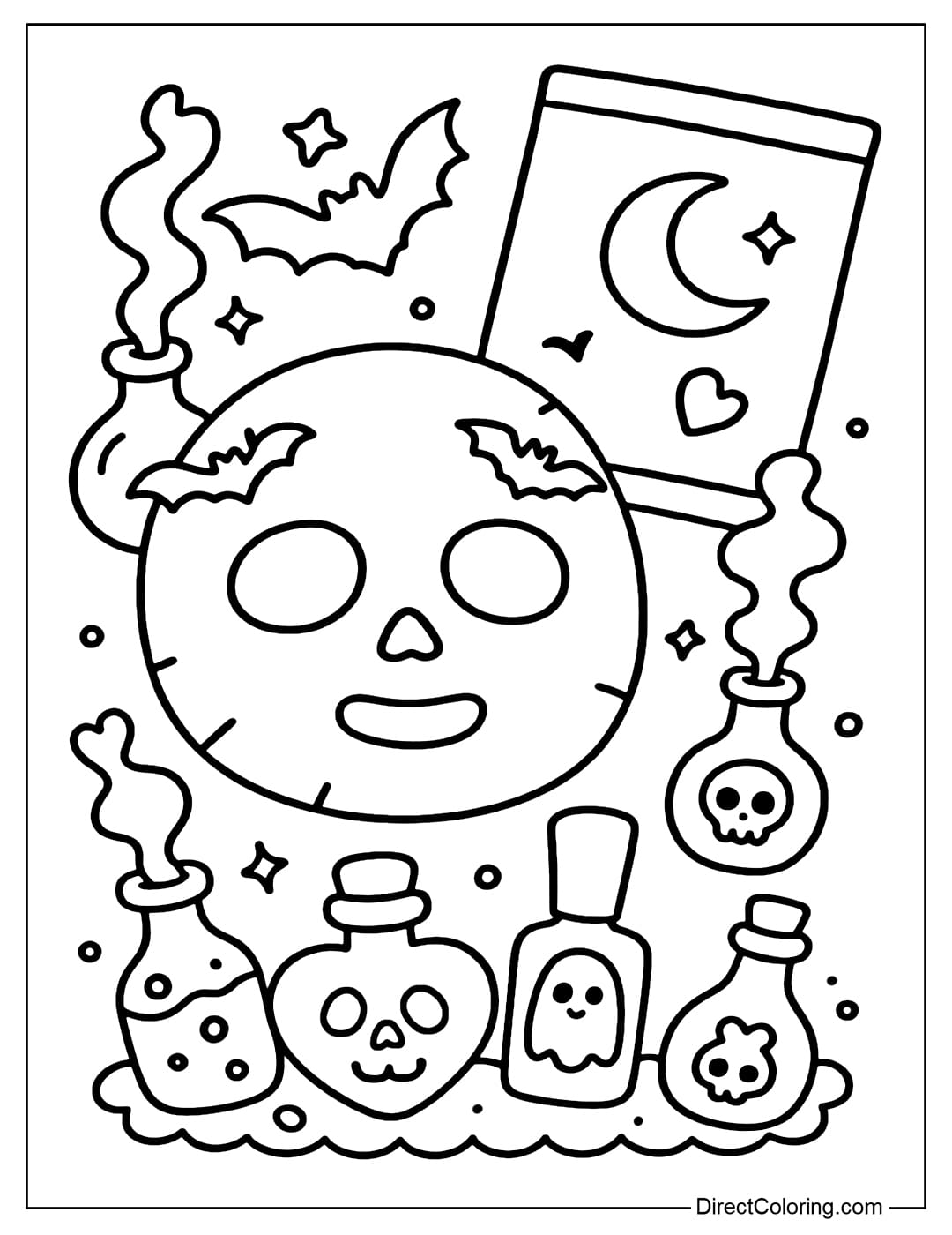 A Halloween skin care mask coloring page, with small skulls and bats flying around, surrounded by mini potion bottles emitting ghost smoke.