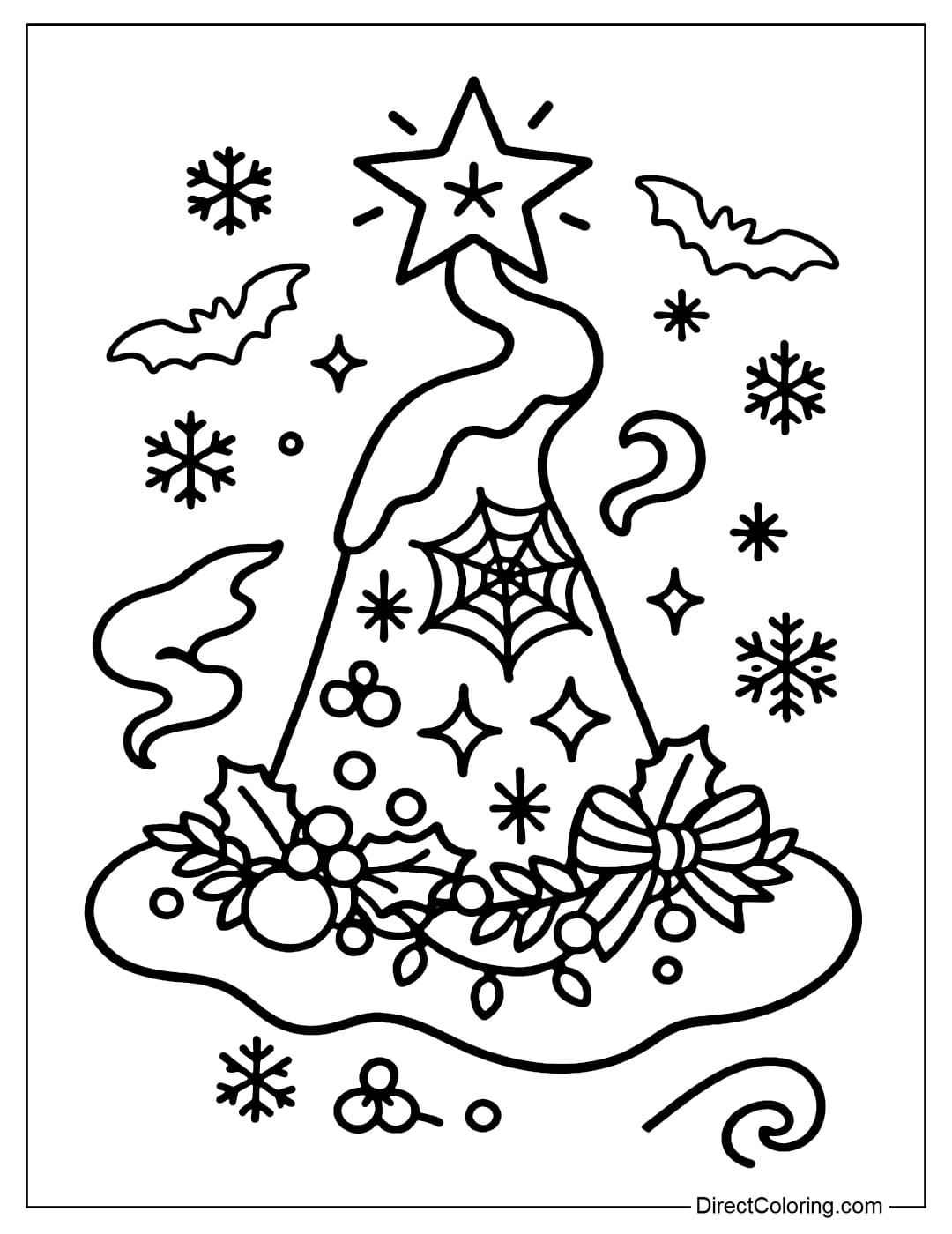 Coloring page of a witch hat covered in a thin layer of snow, with Christmas lights, a small bow, and mini balls around the brim.