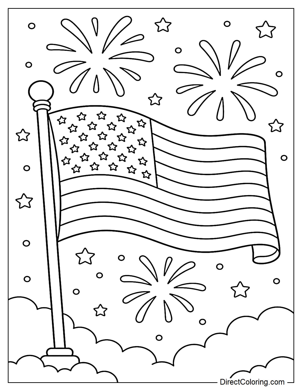 The American flag flies in front of a simple fireworks display, with large, evenly spaced sparks.