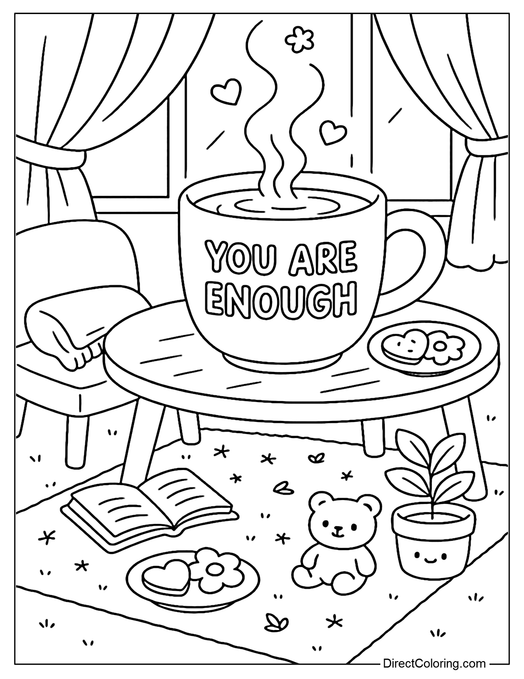 Coloring page for a quiet afternoon tea corner, a porcelain teacup with the words You Are Enough on the body.