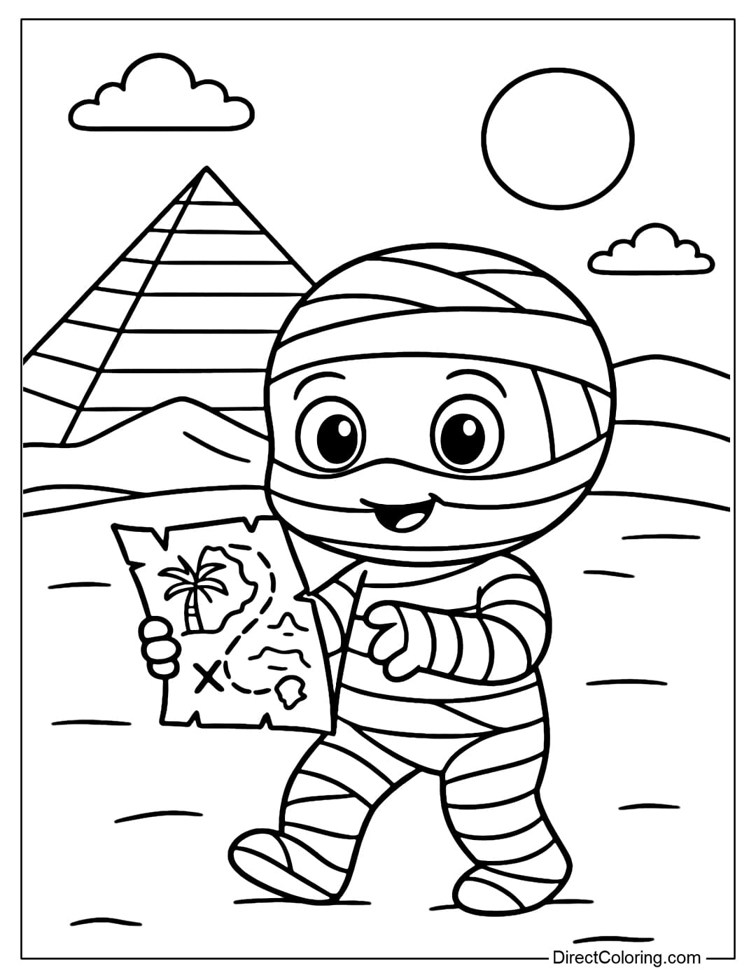 A mummy coloring page holding a treasure map, behind is a vast desert with pyramids and the sun.