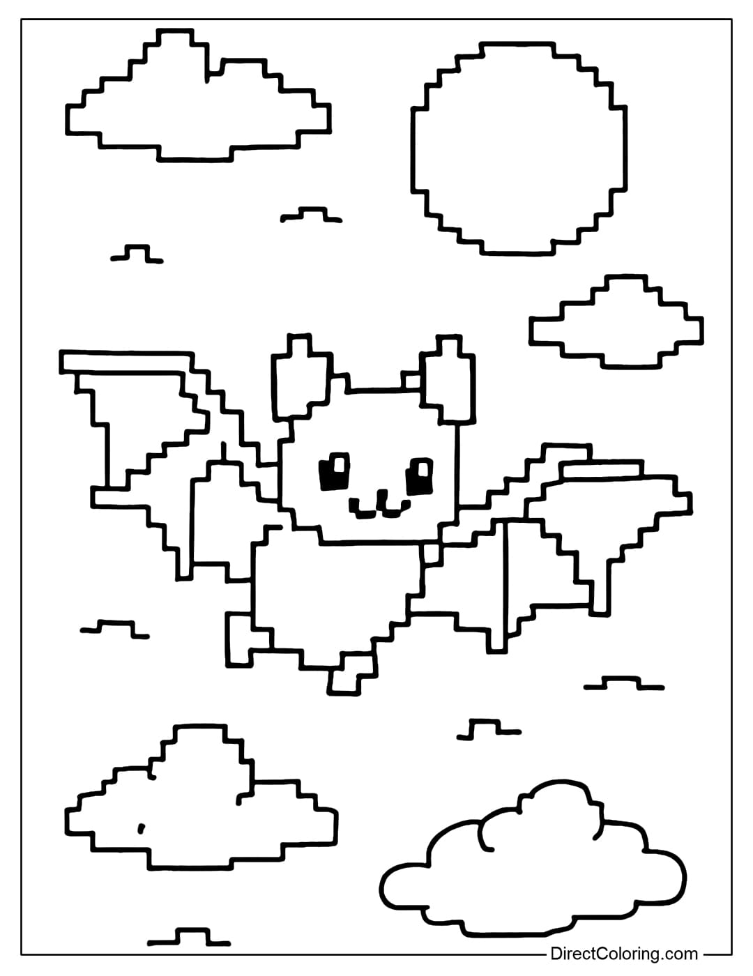 A cute pixel bat coloring page, spreading its wings and flying in the pixel night sky, surrounded by a round pixel moon and hazy clouds.