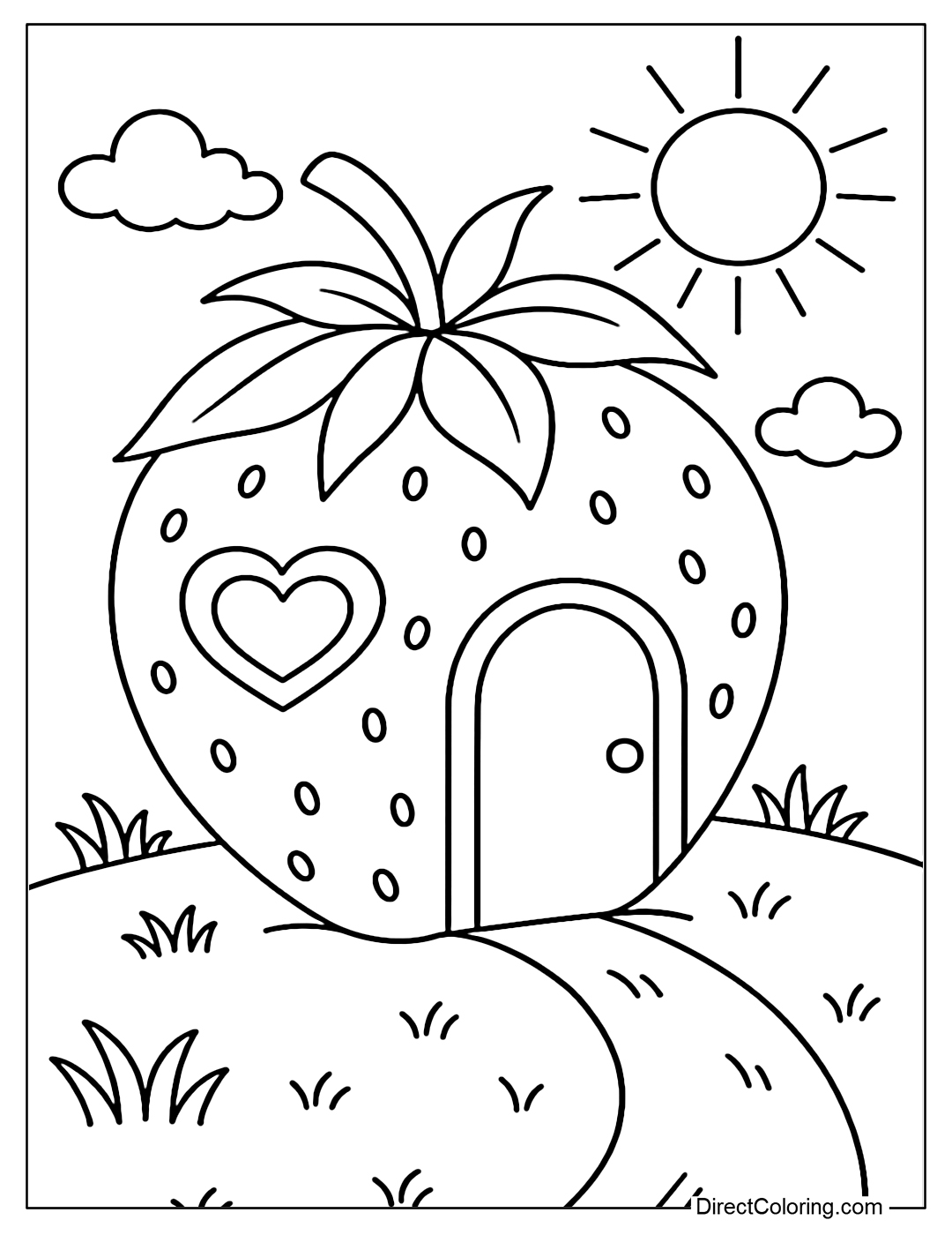 Strawberry house coloring page, leaf-shaped roof, round door and heart-shaped windows.