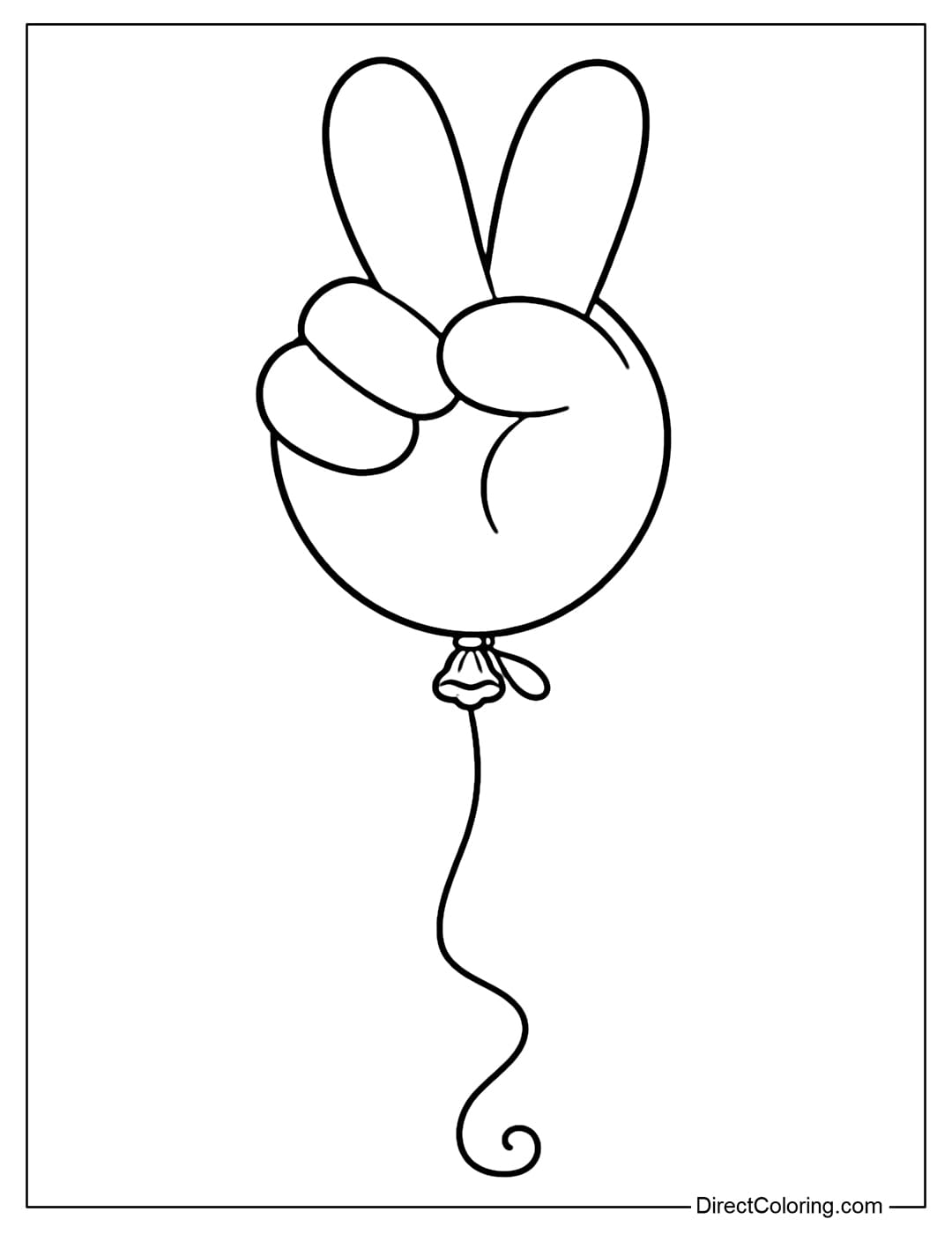 Coloring page of a balloon shaped like a hand making a peace sign.