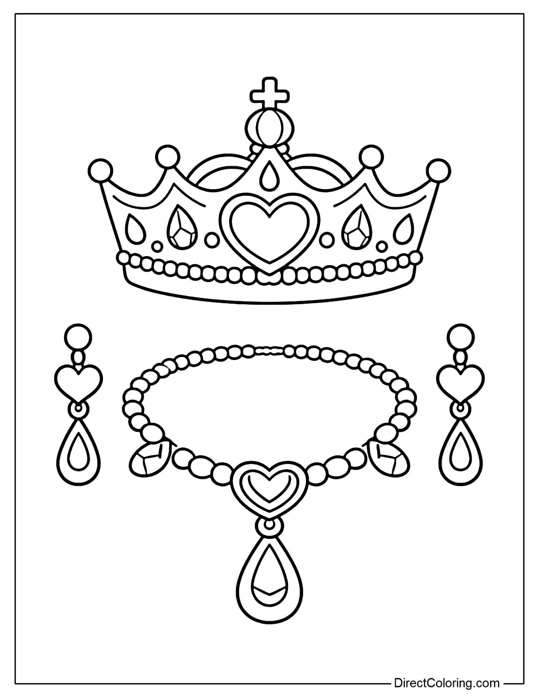 Coloring page of a large crown combined with a simple necklace and earrings.