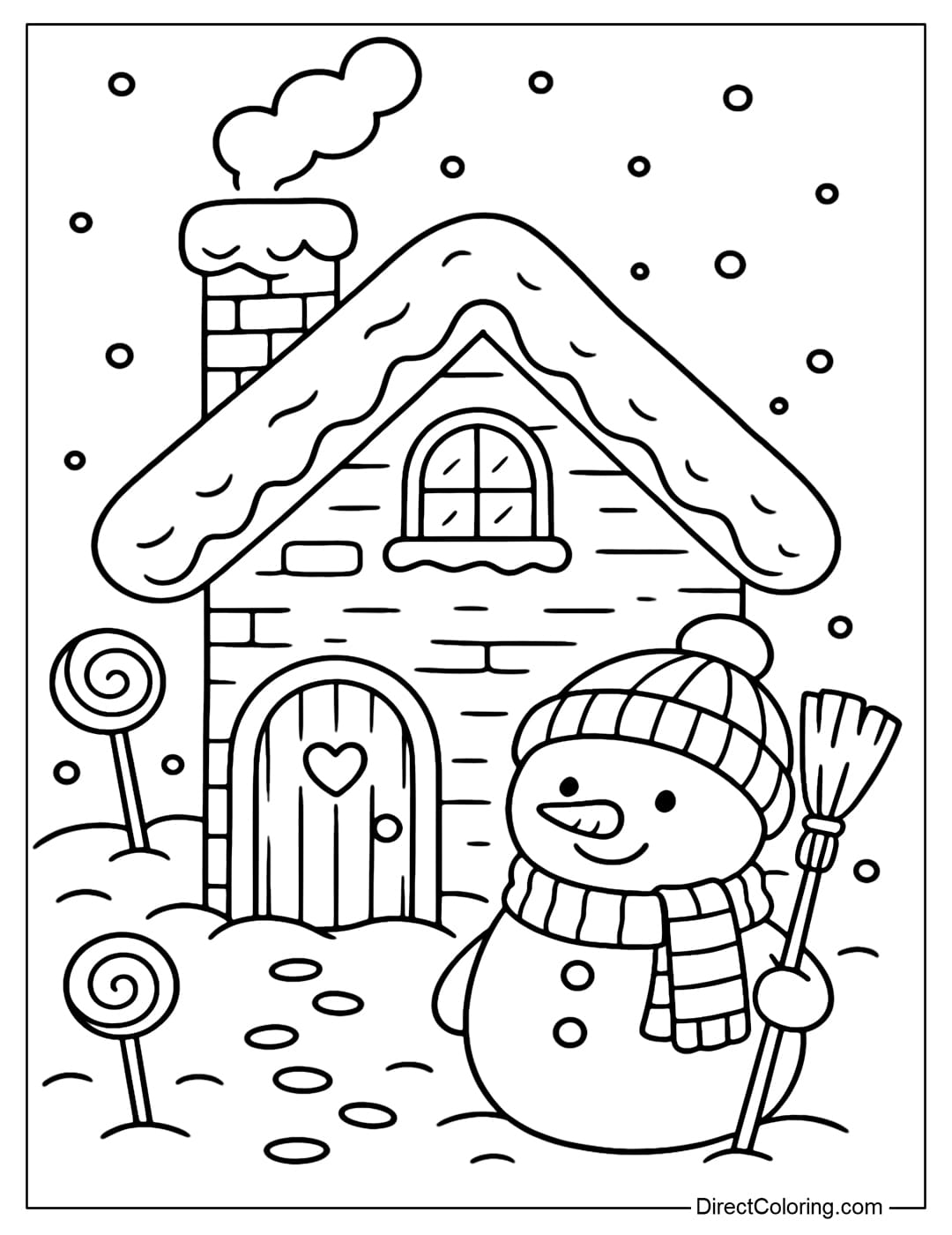 A cute gingerbread house coloring page with a snowman wearing a red beanie, a striped scarf, and a wooden broom.
