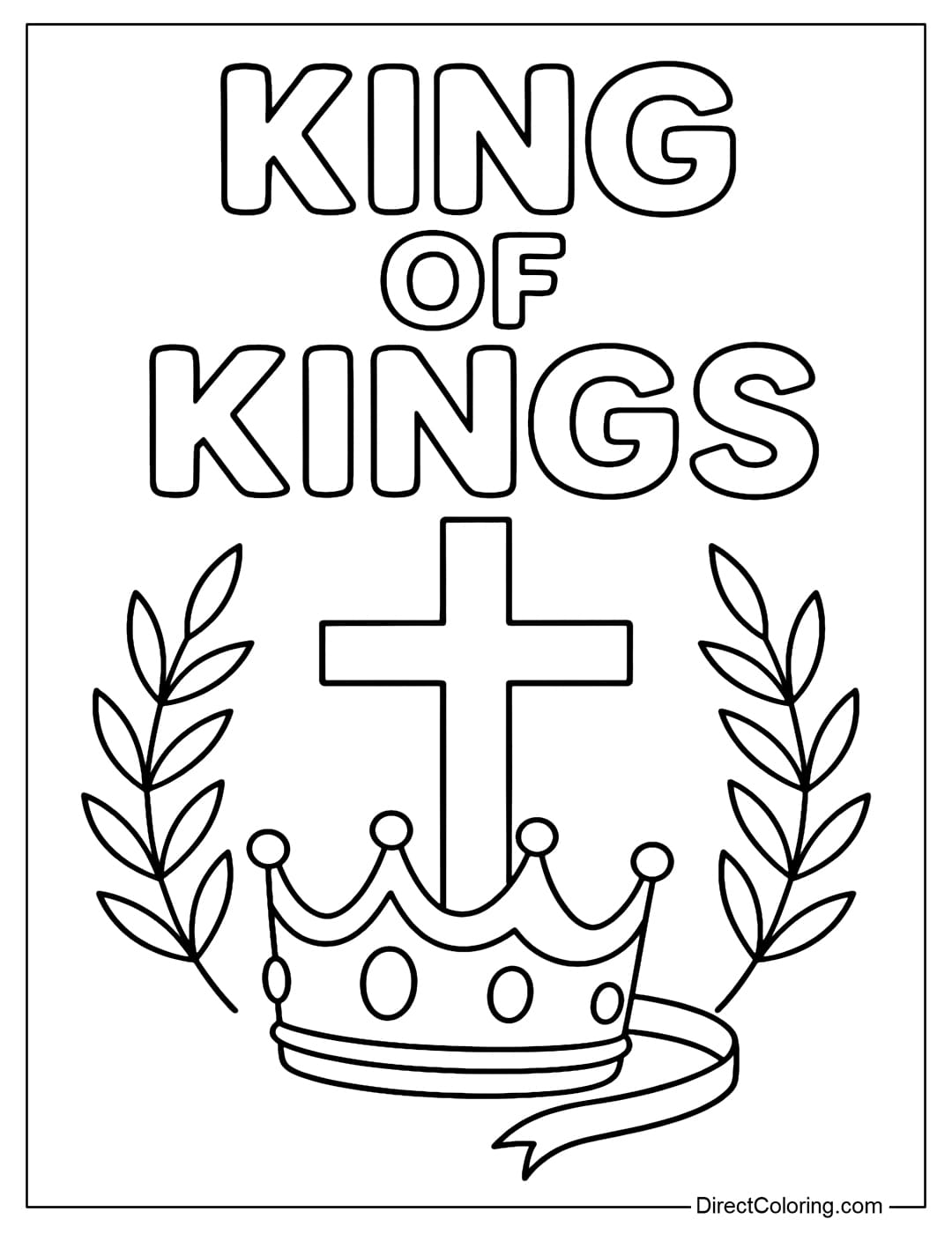 A simple crown coloring page next to a cross, with the words KING OF KINGS on top.