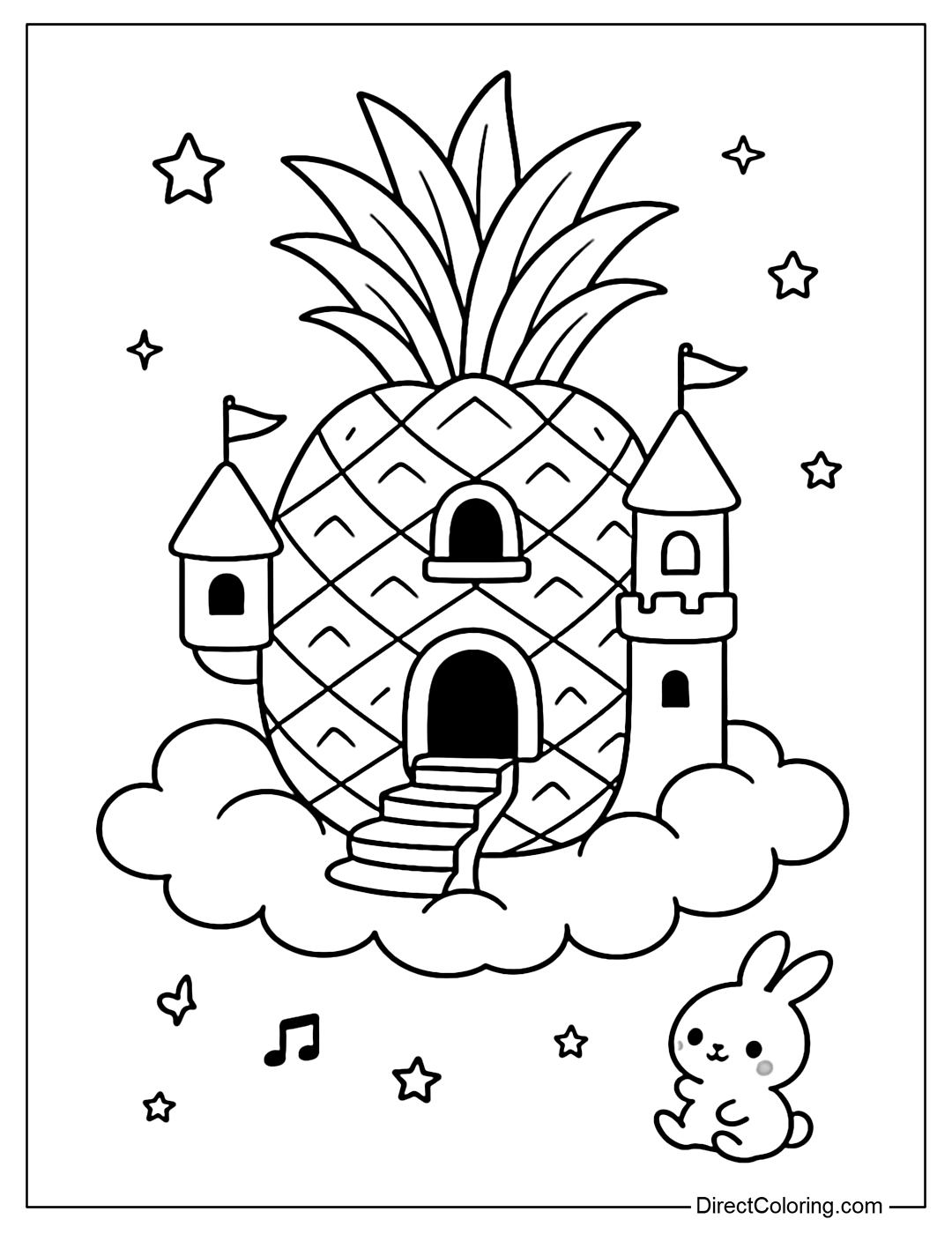 Coloring page The pineapple turns into a cute castle with windows, flying flags and spiral stairs, placed on a cluster of floating clouds.