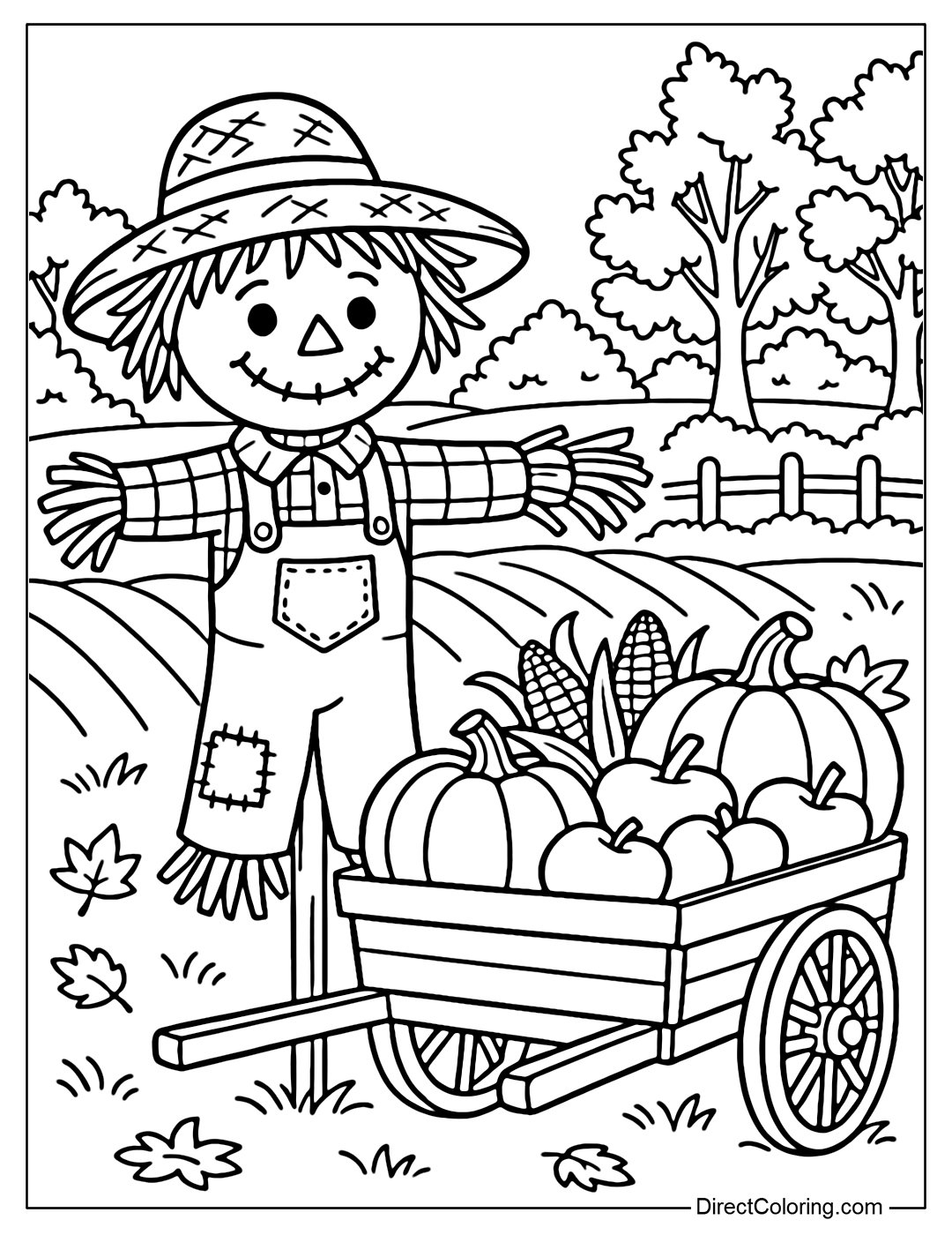 Scarecrow coloring page in the middle of the harvest season, standing next to a wagon loaded with pumpkins, yellow corn and red apples.