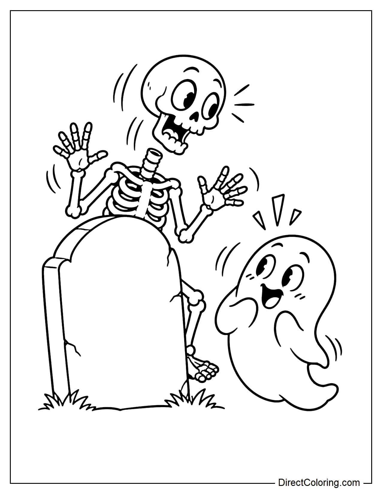 A skeleton suddenly jumps out from behind a large gravestone to scare a little ghost, but the ghost turns around and startles the skeleton instead.
