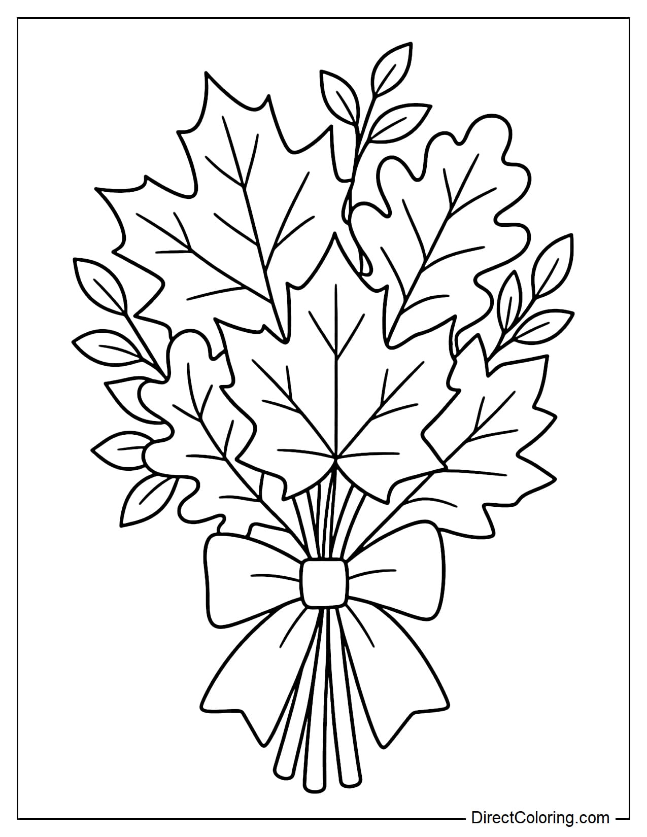 A large bouquet of autumn leaves features maple leaves, oak leaves, and a few simple leafy branches, with the stems tied together by a large bow.
