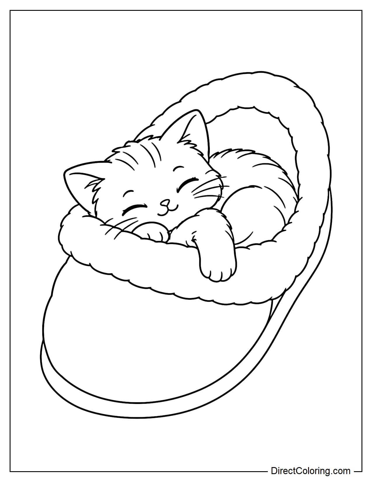 A sleepy kitten curls up inside an oversized fluffy slipper, resting its head on the edge with one little paw hanging outside.