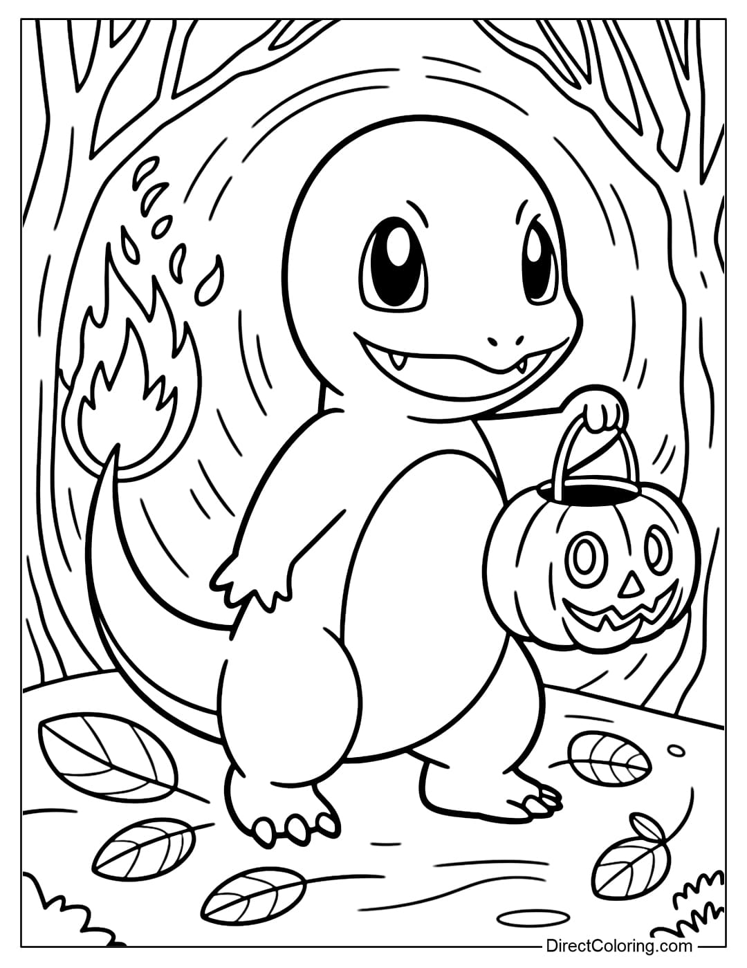 Coloring page of Charmander holding a pumpkin lantern, the fire on his tail shining brightly in the mysterious space.