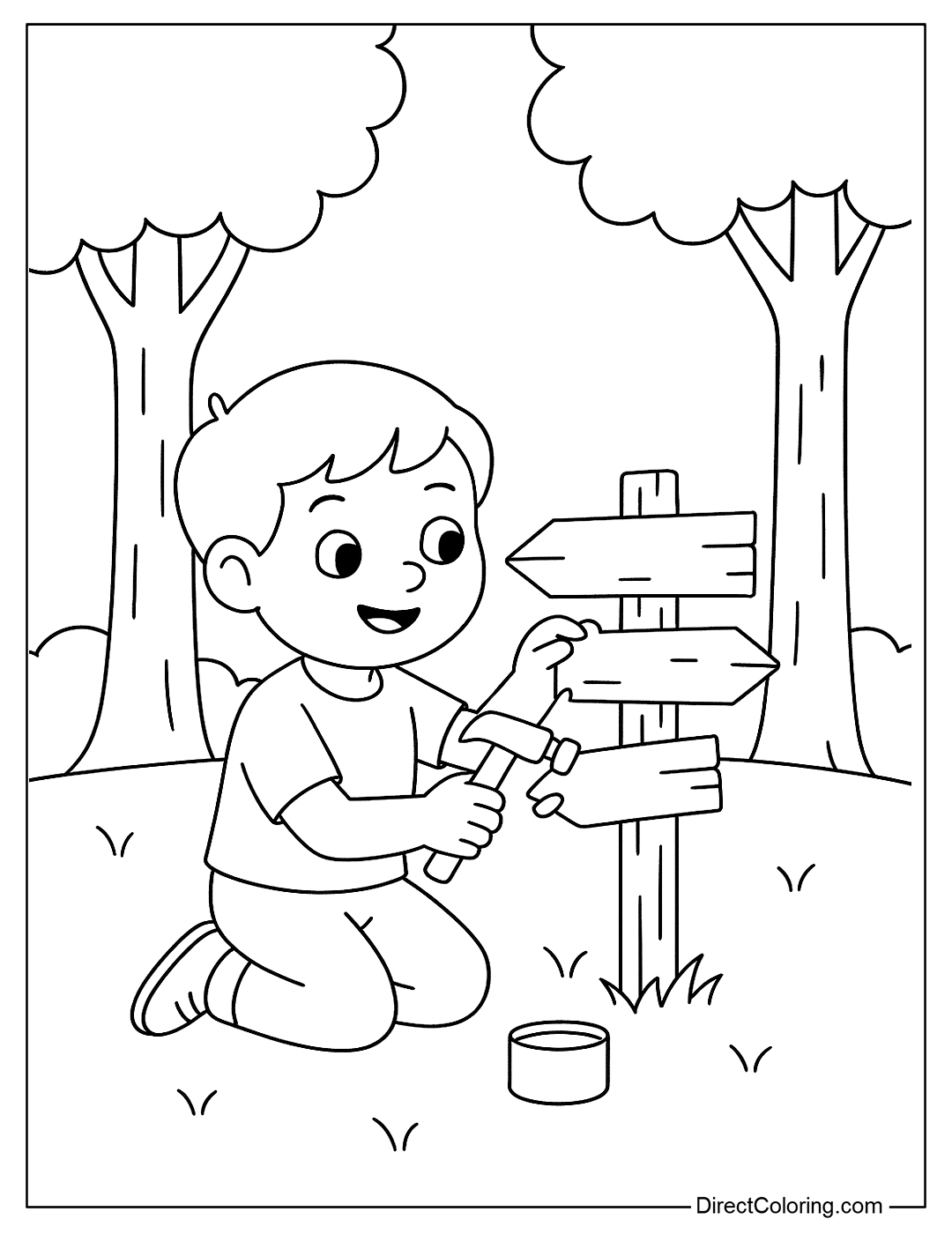 a kids coloring page to make a handmade trail sign to hang in the woods