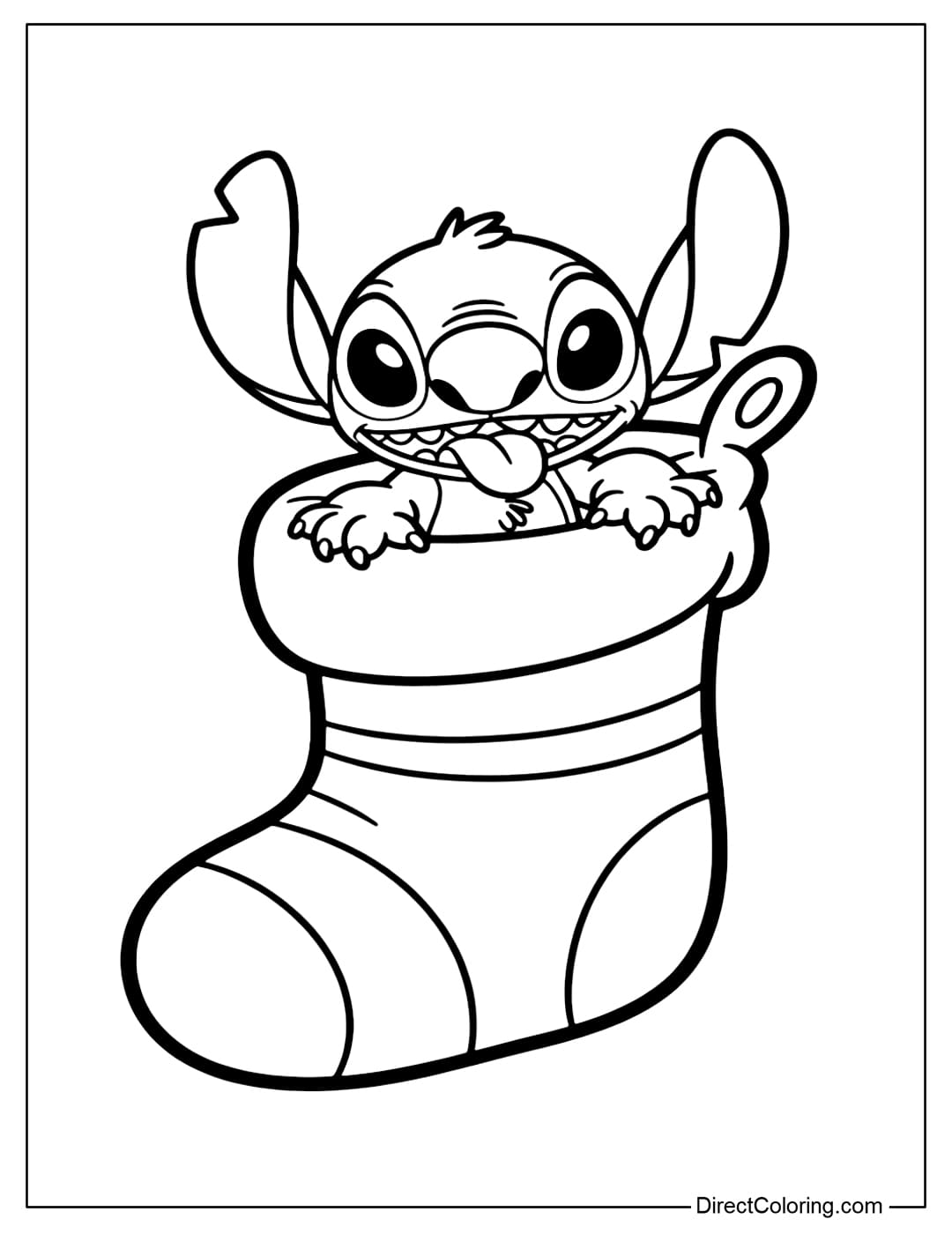Coloring page Stitch sticking half of his body out of a big Christmas stocking. Two hands holding the edge of the stocking, ears erect, funny face.