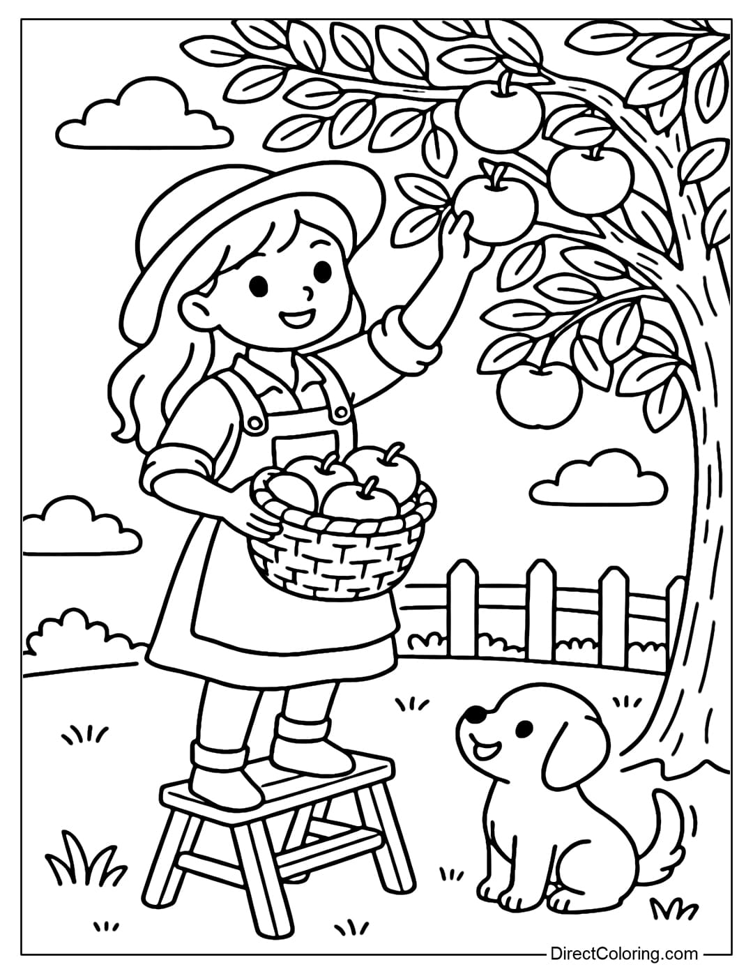 Coloring page of a farm girl climbing a ladder to pick apples, a wicker basket full of fruit, a puppy sitting under a tree.